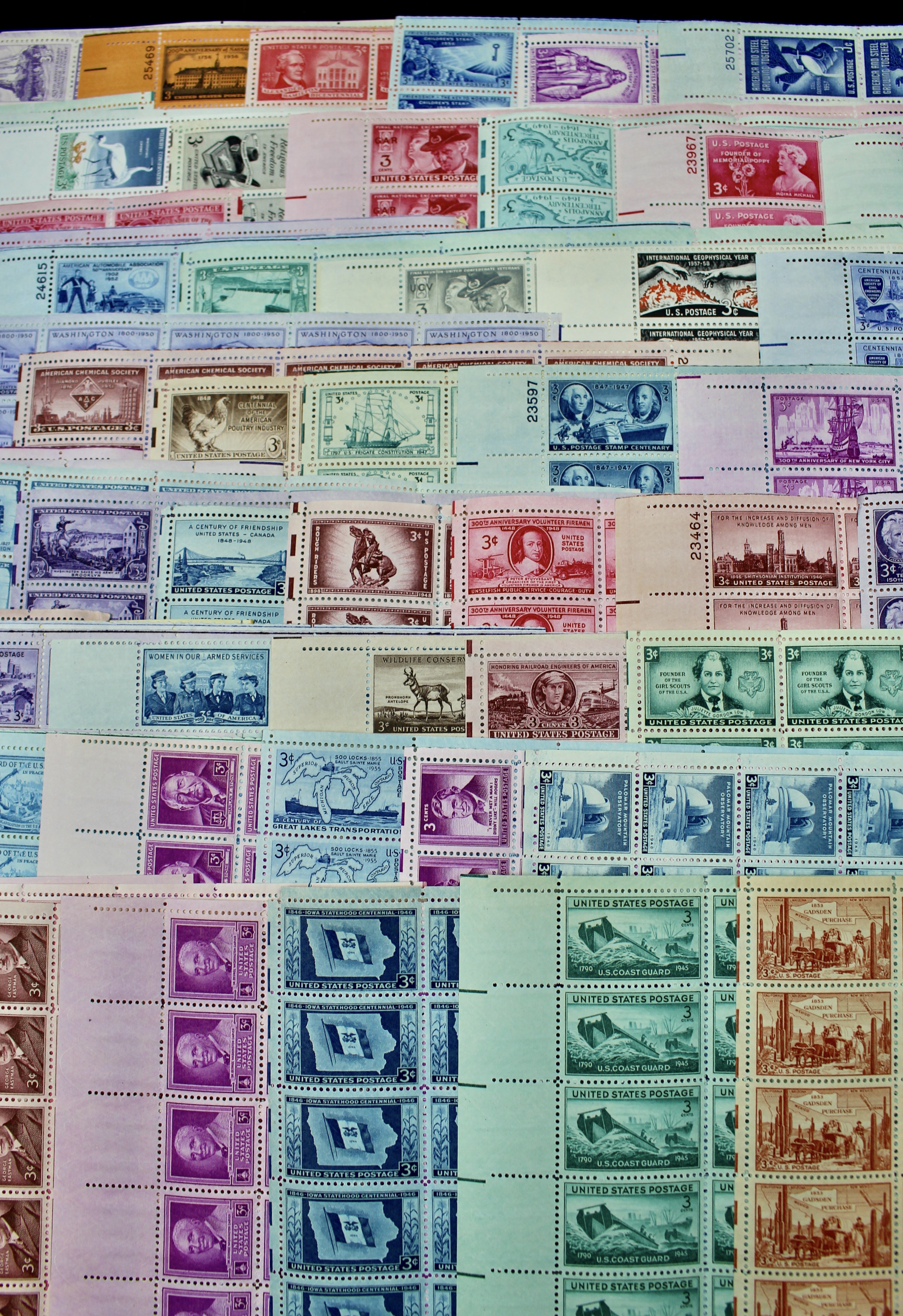 Eighty-Two Different U.S. 3-Cent Postage Stamp Sheets, 1940s and 1950s