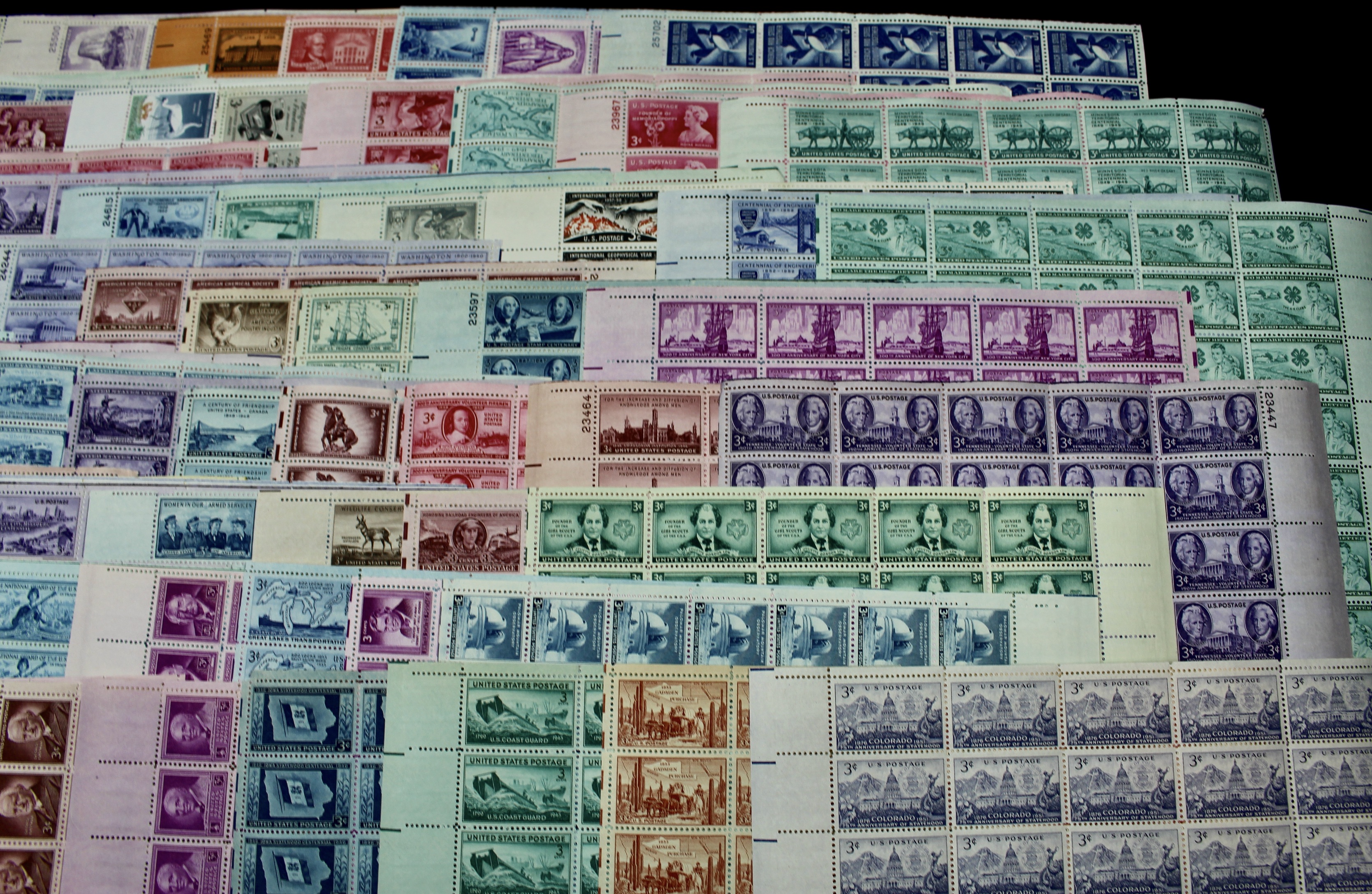 Eighty-Two Different U.S. 3-Cent Postage Stamp Sheets, 1940s and 1950s