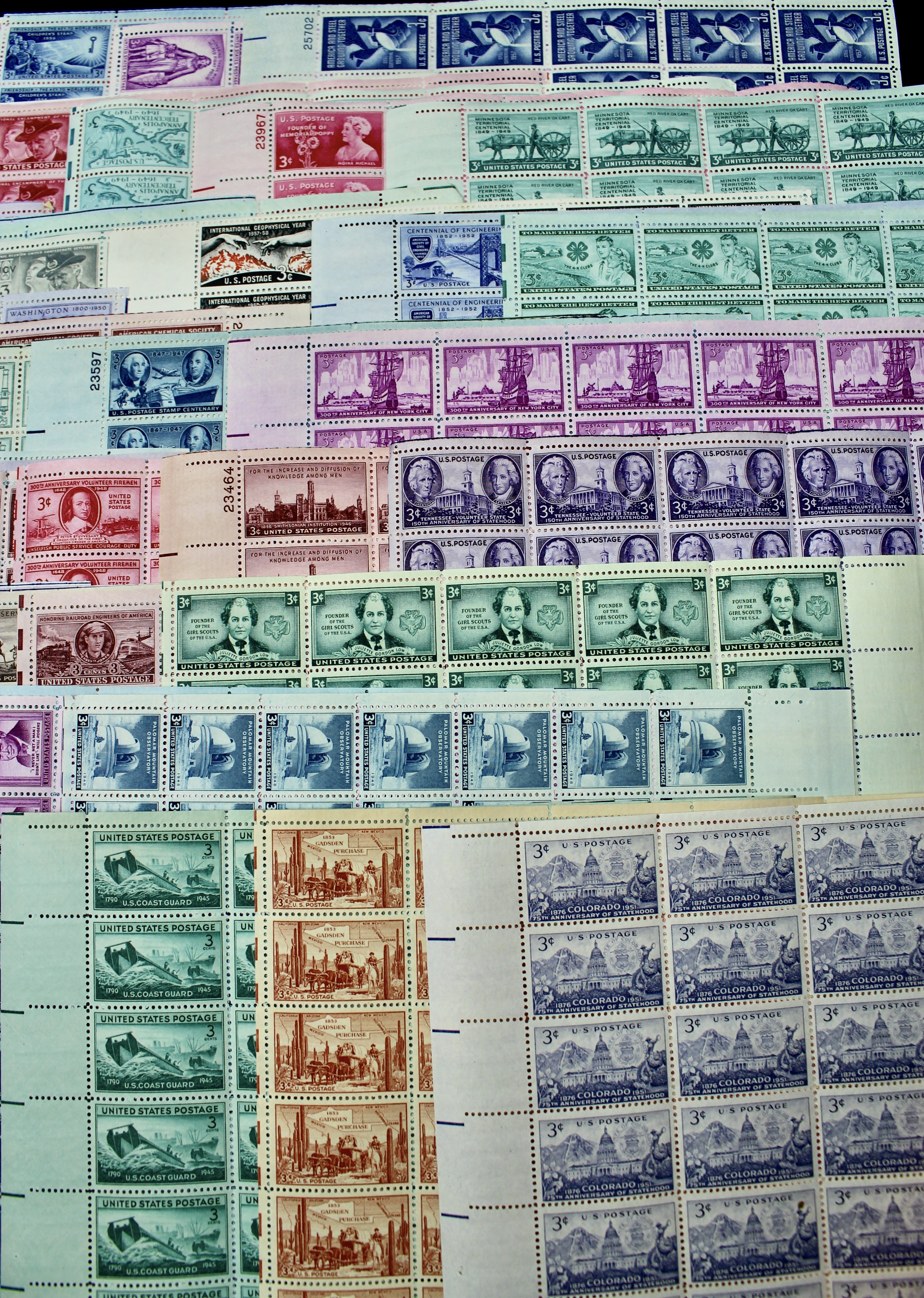 Eighty-Two Different U.S. 3-Cent Postage Stamp Sheets, 1940s and 1950s