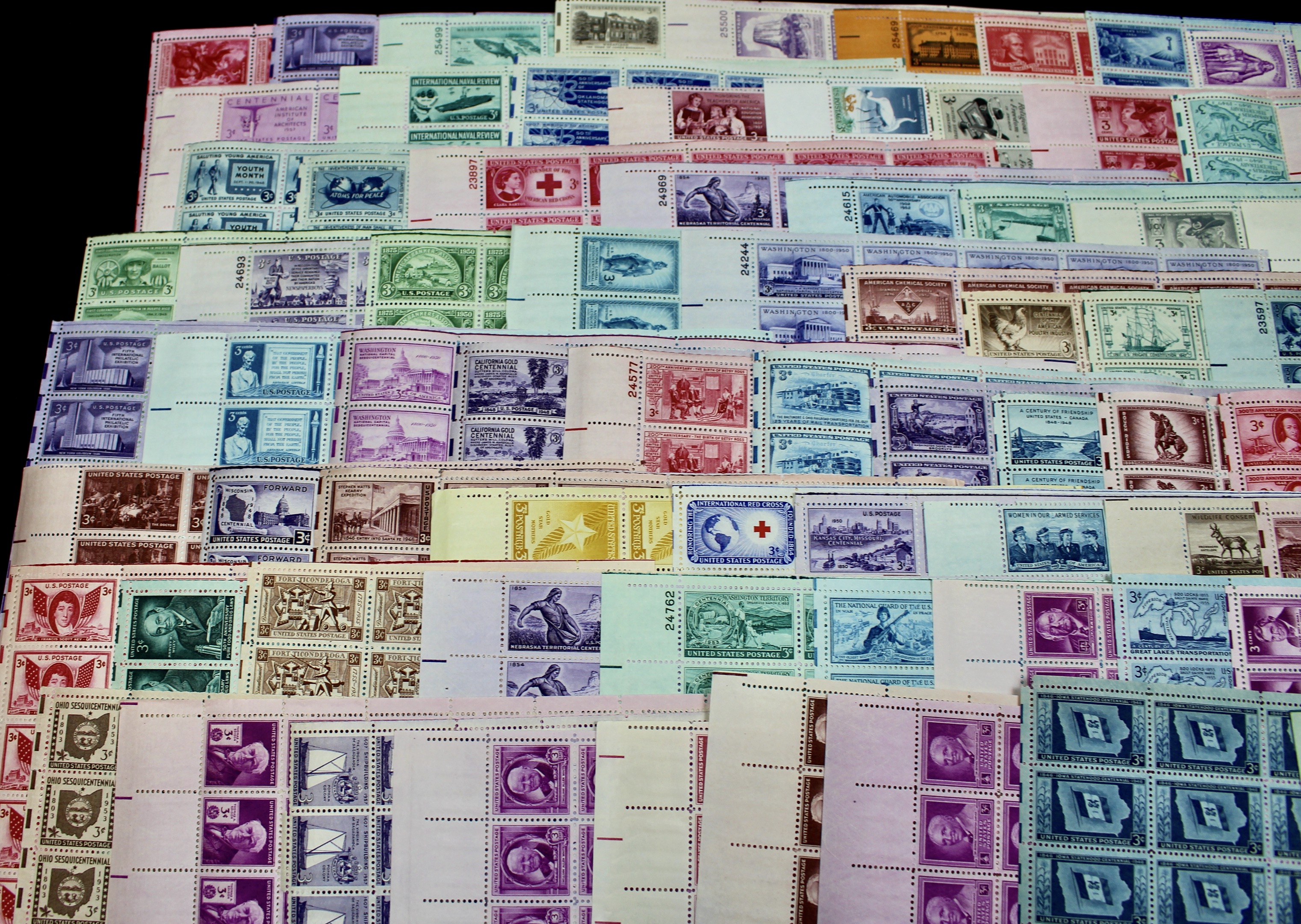 Eighty-Two Different U.S. 3-Cent Postage Stamp Sheets, 1940s and 1950s