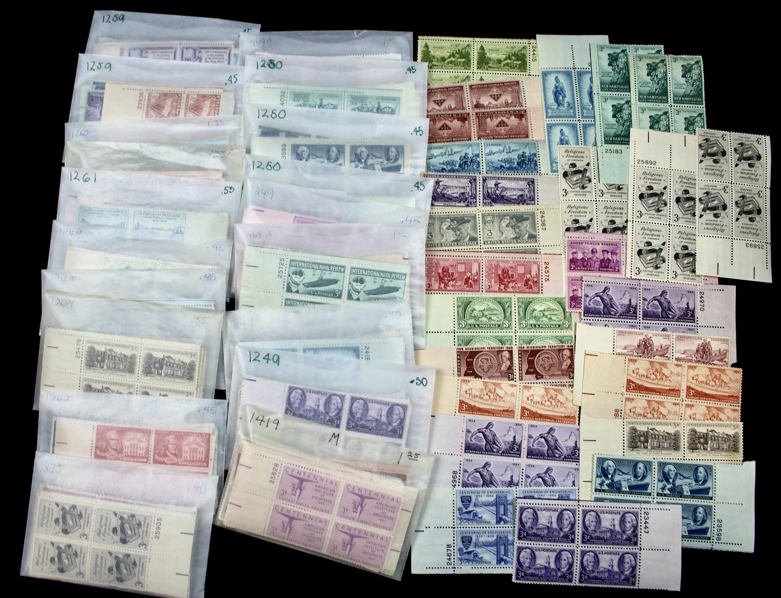 1000 U.S. Postage Stamp Plate Blocks, 1940s to 1960s