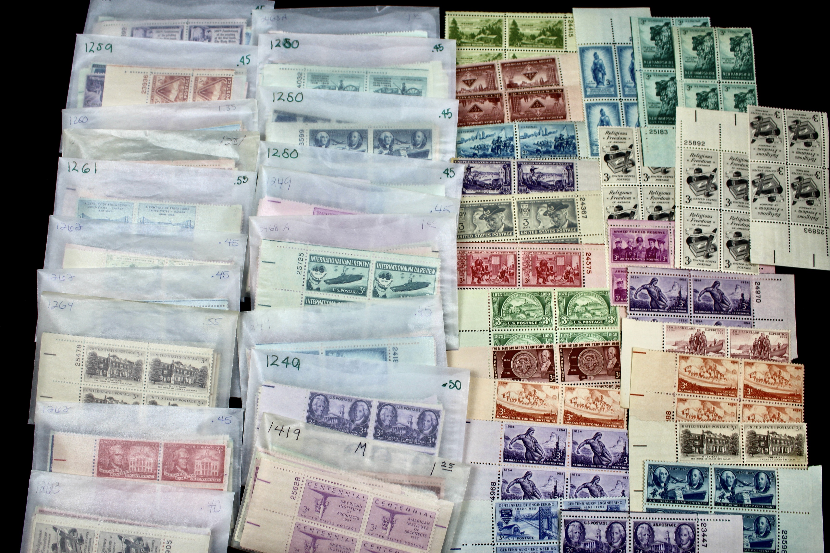 1000 U.S. Postage Stamp Plate Blocks, 1940s to 1960s