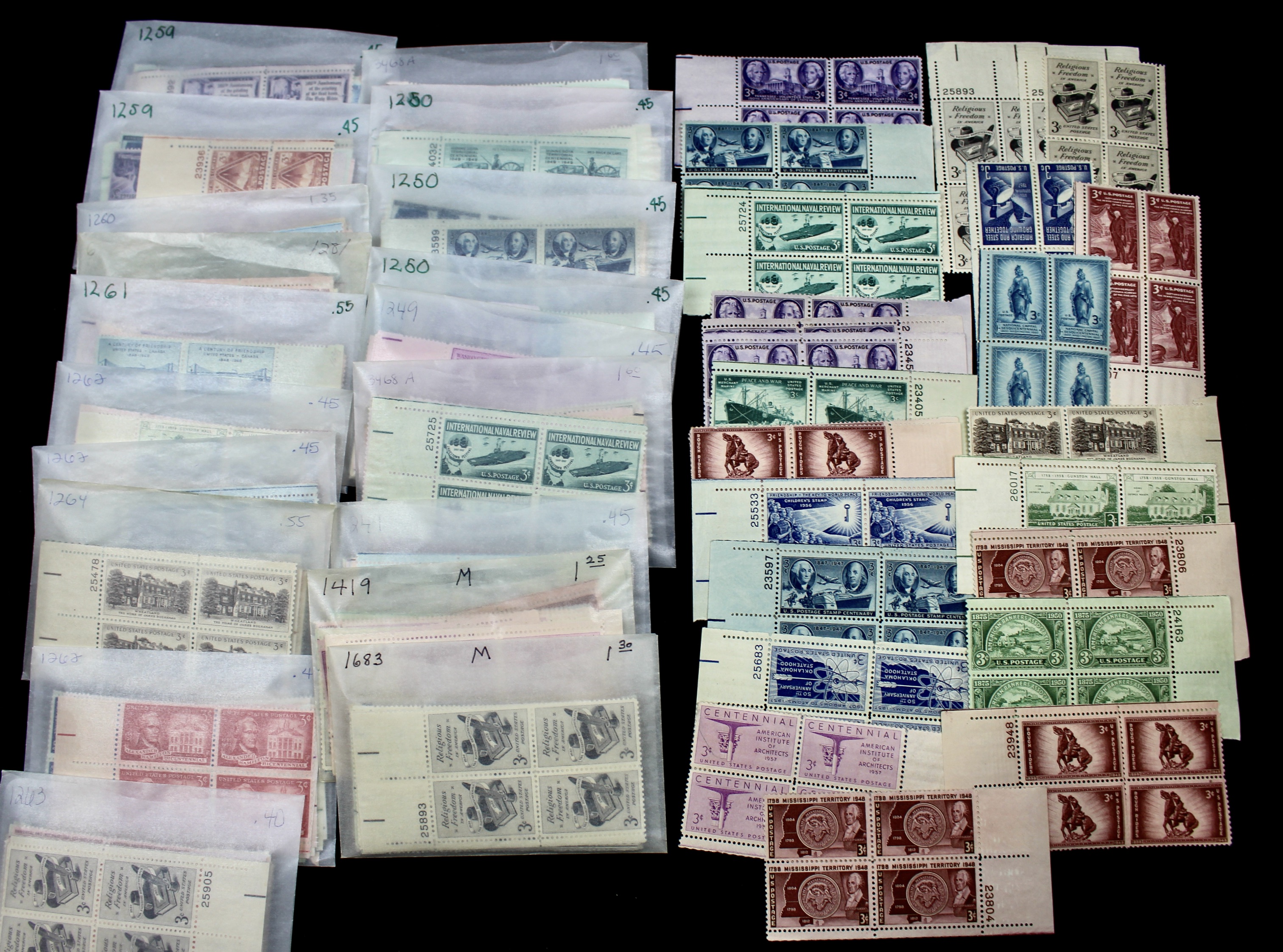 1000 U.S. Postage Stamp Plate Blocks, 1940s to 1960s