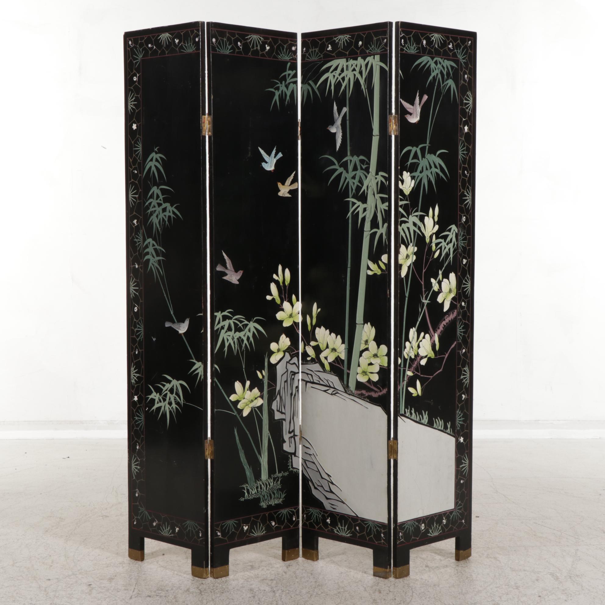 Chinese Lacquered, Carved, Gilt and Polychrome-Decorated Four-Panel Room Screen