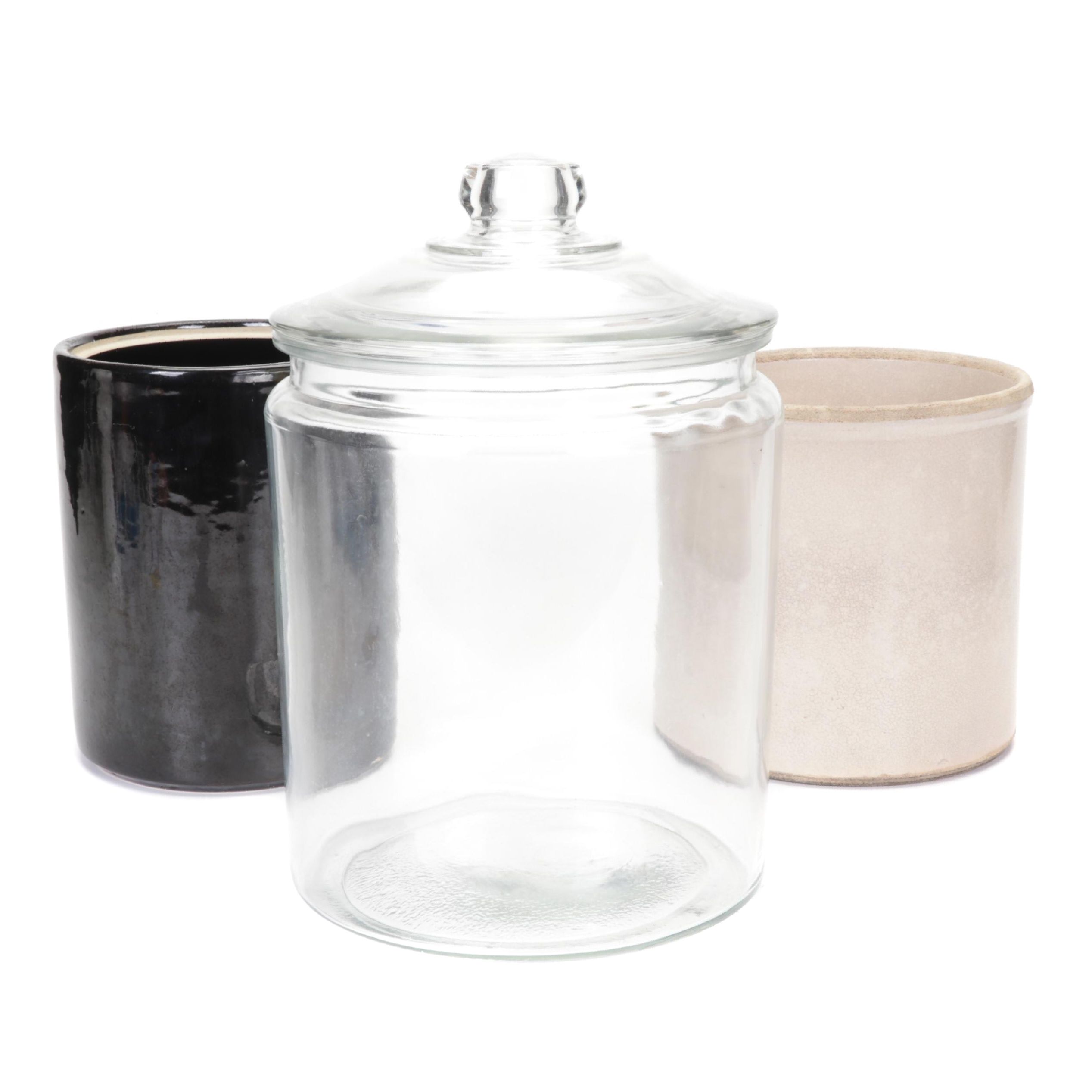 General Store Clear Glass Cookie Jar and Two Stoneware Crocks