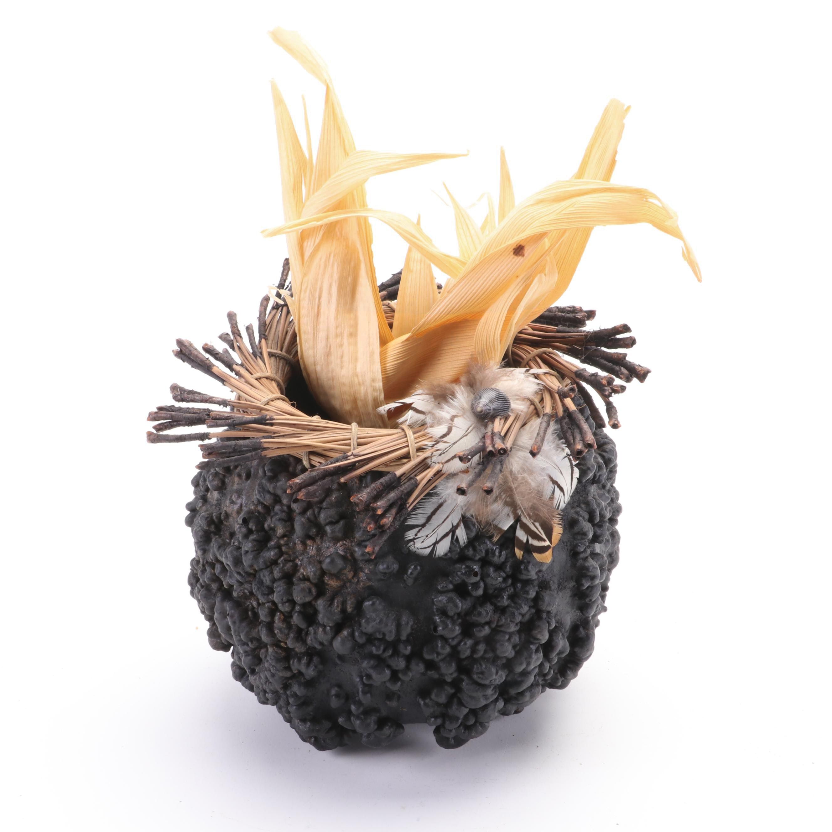 Kathleen Arndts Crafted Cucurbit Gourd Vase With Shell, Pine Needles, Feathers