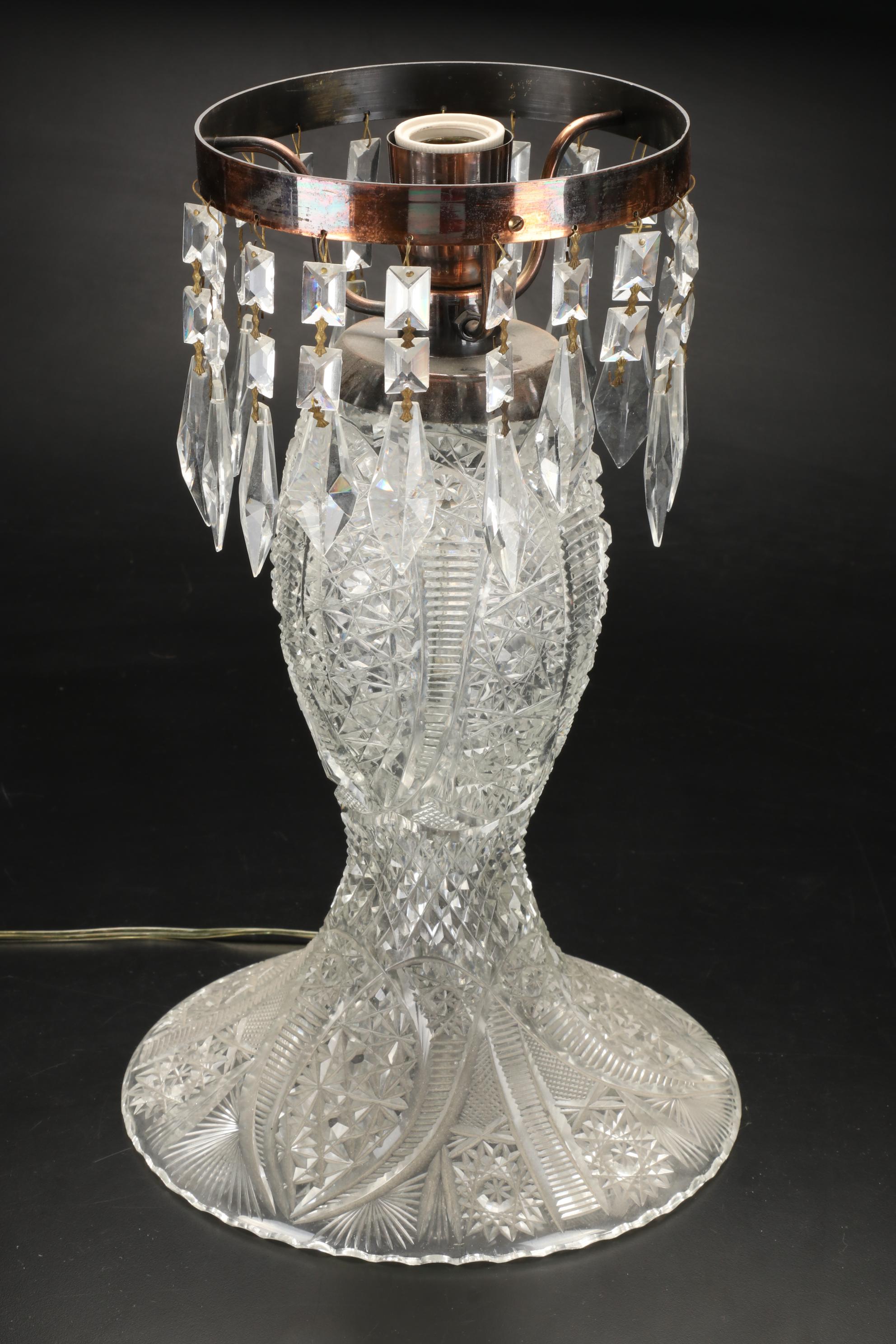 American Brilliant Style Cut Glass Mushroom Lamp with Prisms, Early/ Mid-20th C