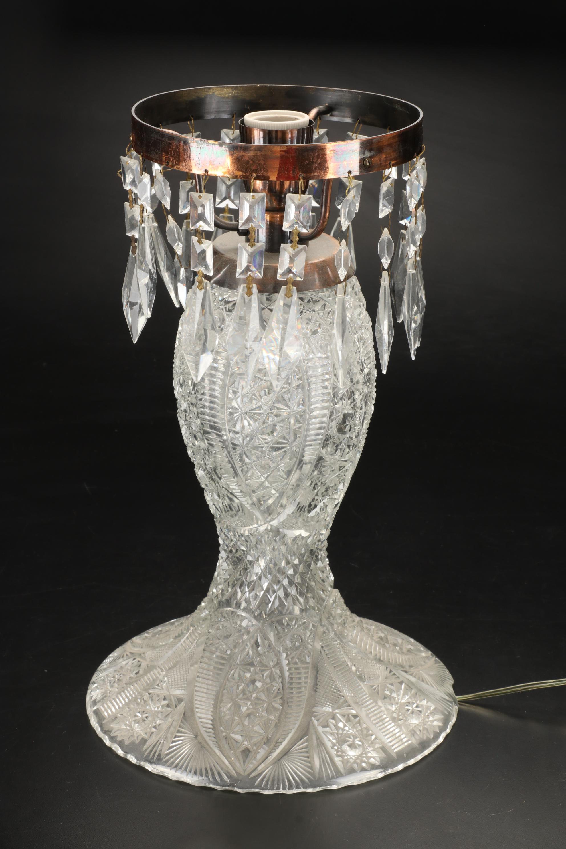 American Brilliant Style Cut Glass Mushroom Lamp with Prisms, Early/ Mid-20th C