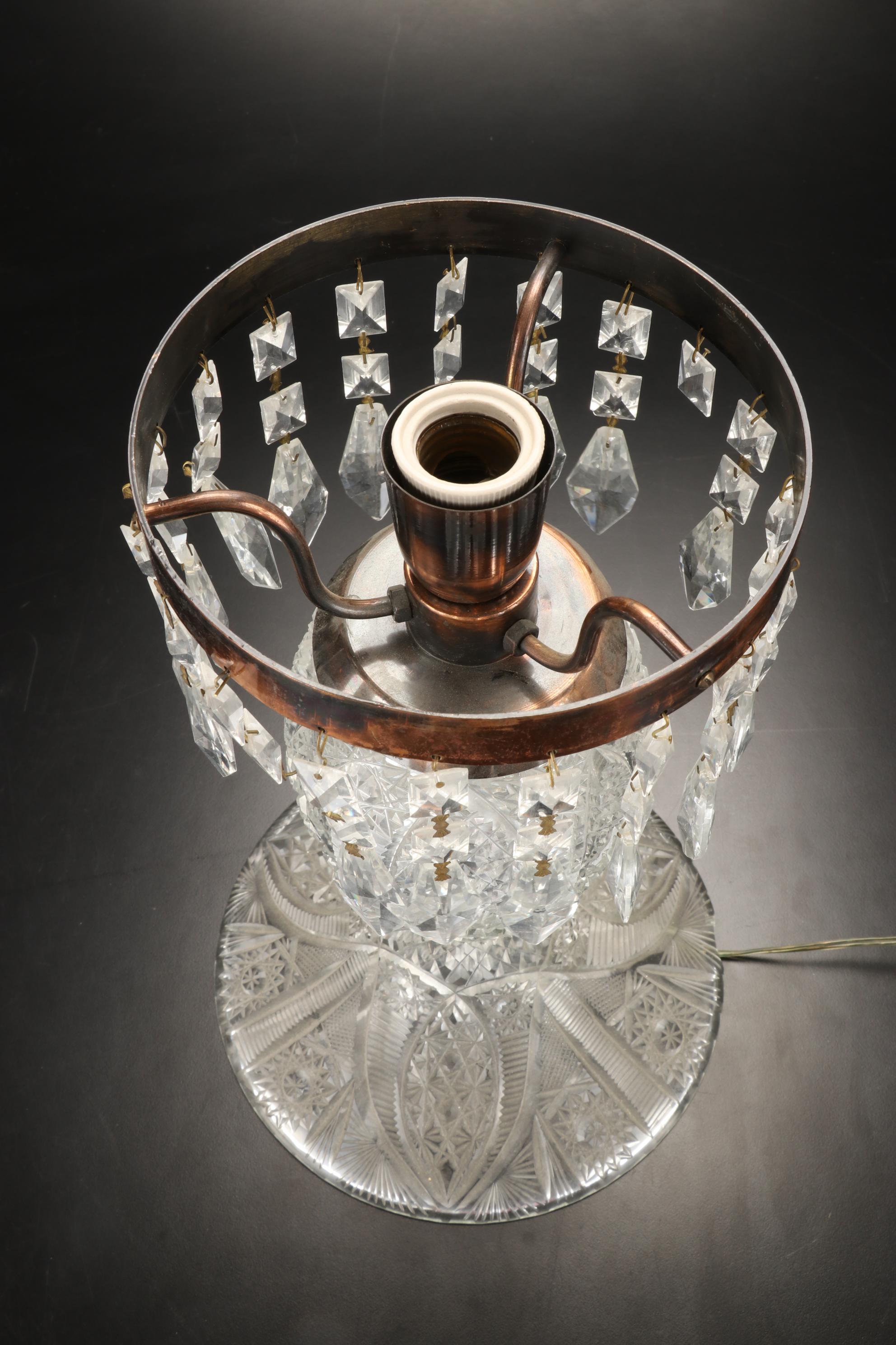 American Brilliant Style Cut Glass Mushroom Lamp with Prisms, Early/ Mid-20th C