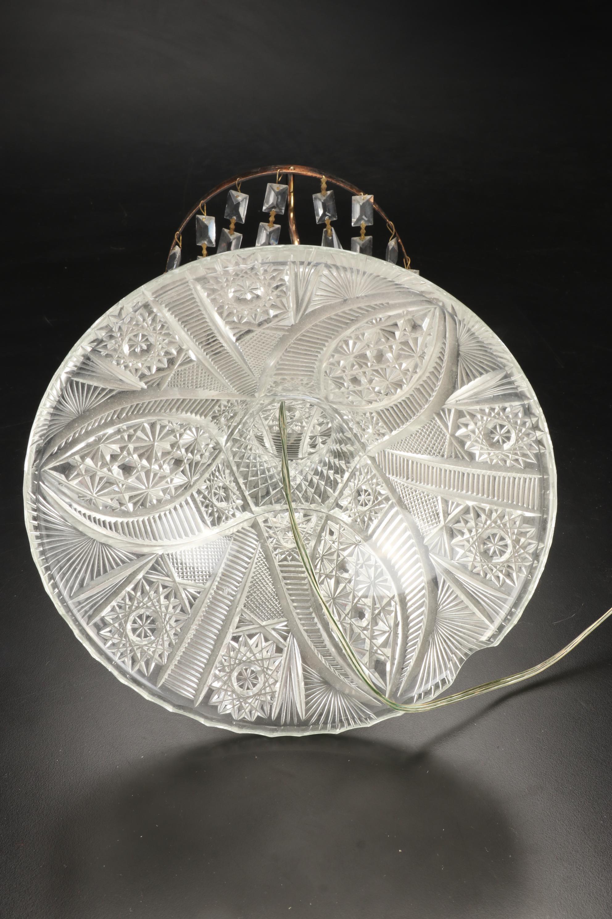 American Brilliant Style Cut Glass Mushroom Lamp with Prisms, Early/ Mid-20th C