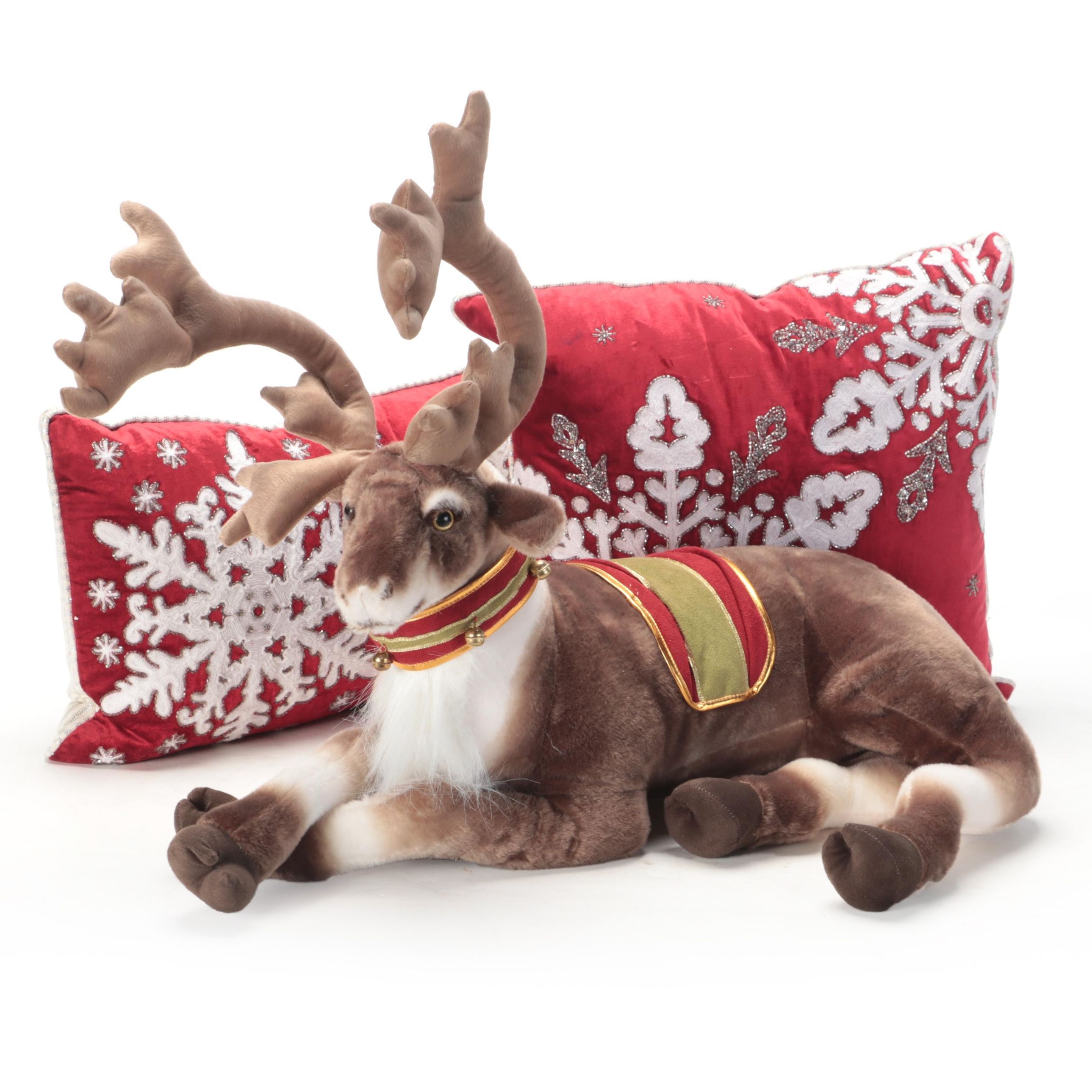 Reindeer Plush Decoration with EnVogue Christmas Snowflake Accent Pillows