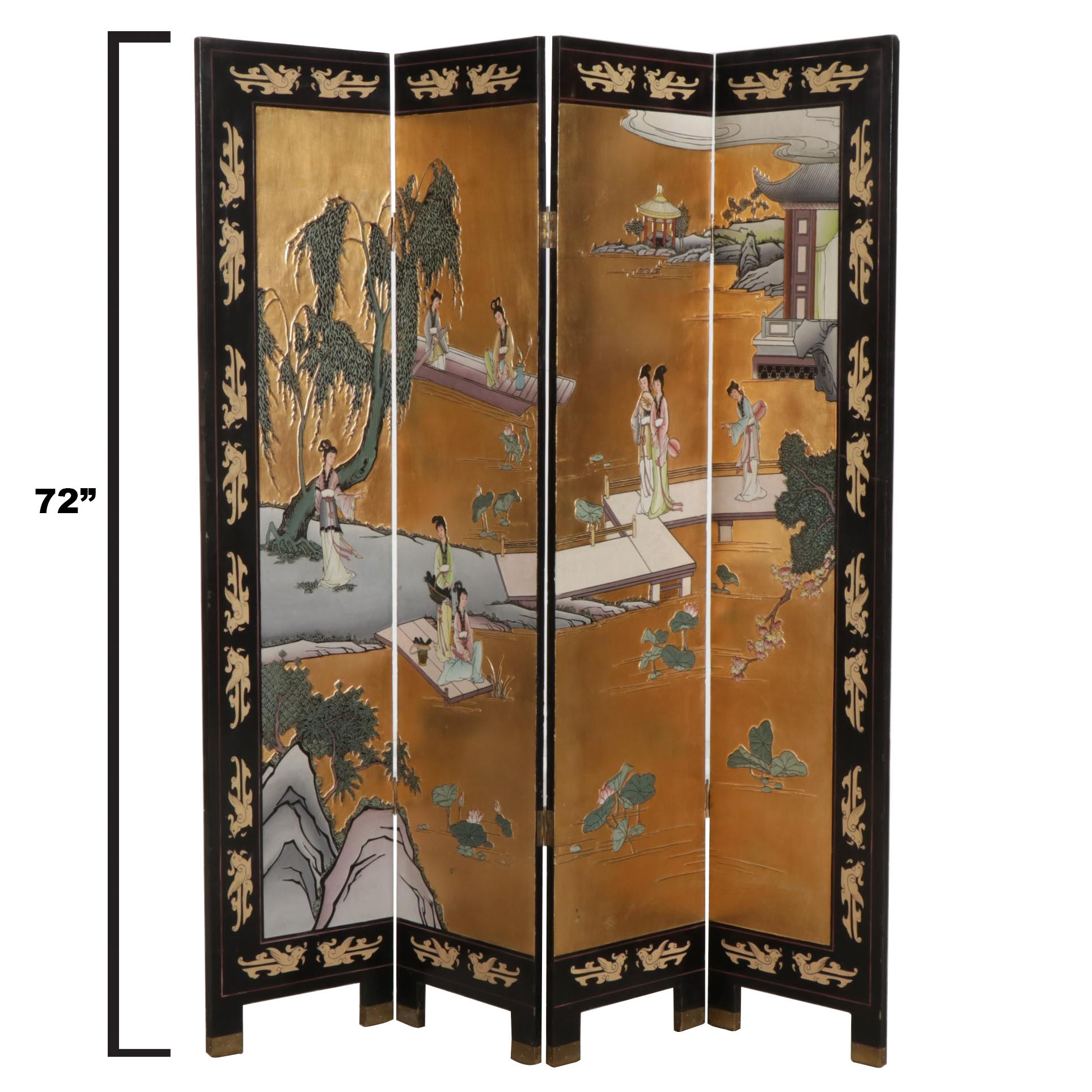 Chinese Lacquered, Carved, Gilt and Polychrome-Decorated Four-Panel Room Screen