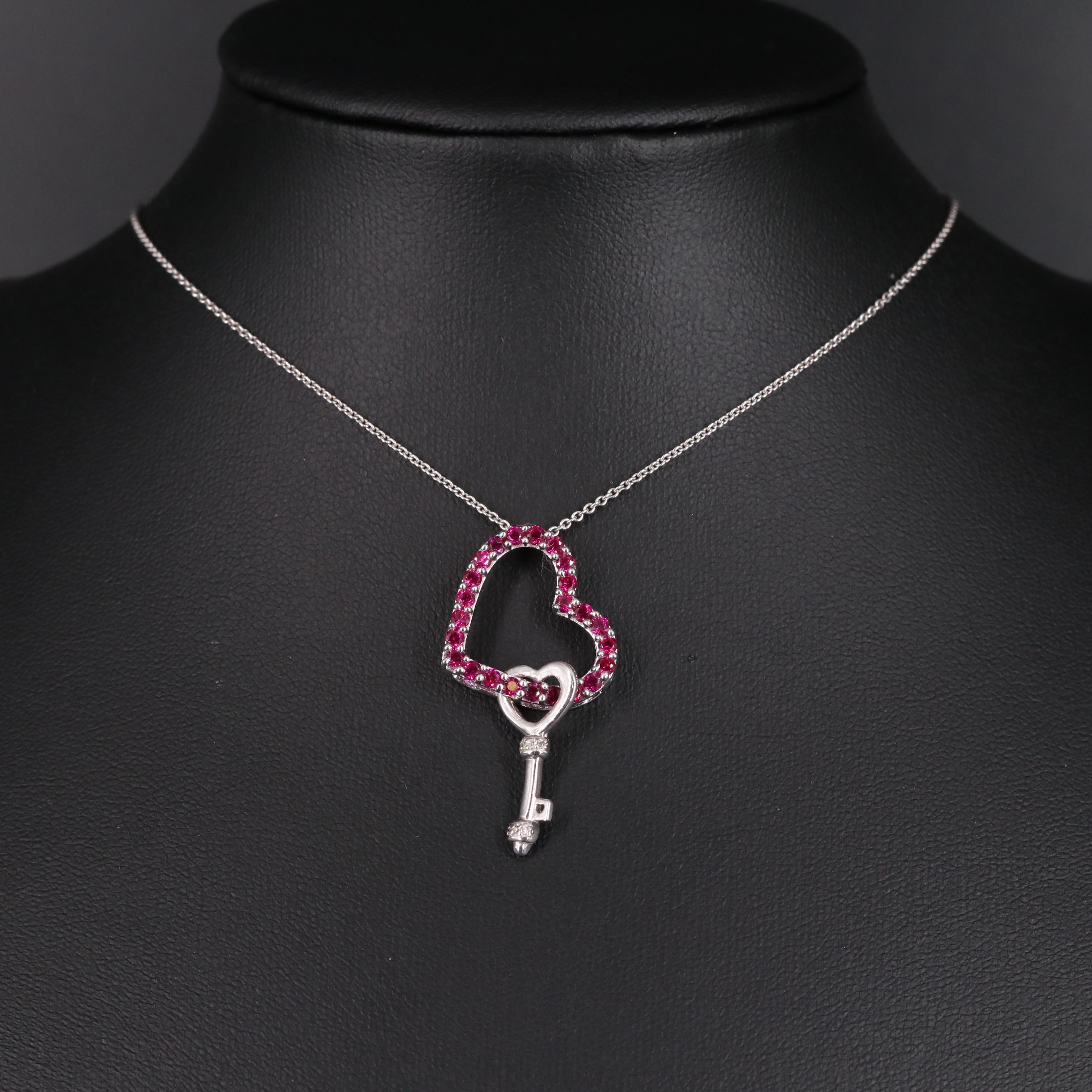 Sterling Silver Ruby Heart Pendant with Key