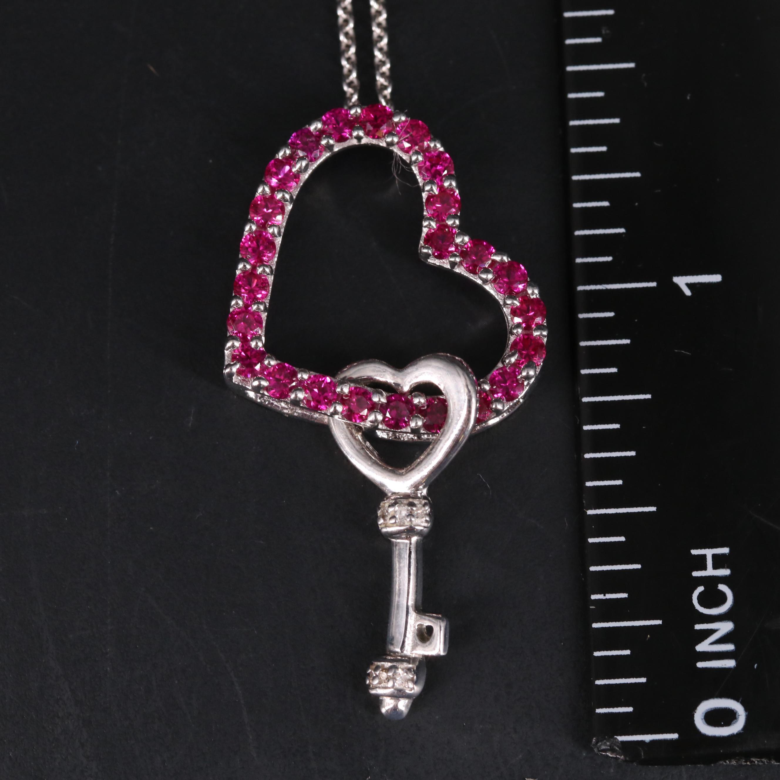 Sterling Silver Ruby Heart Pendant with Key