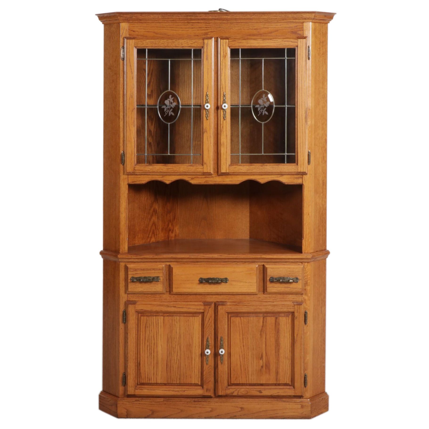 Victorian Style Oak and Leaded Glass Corner Cabinet