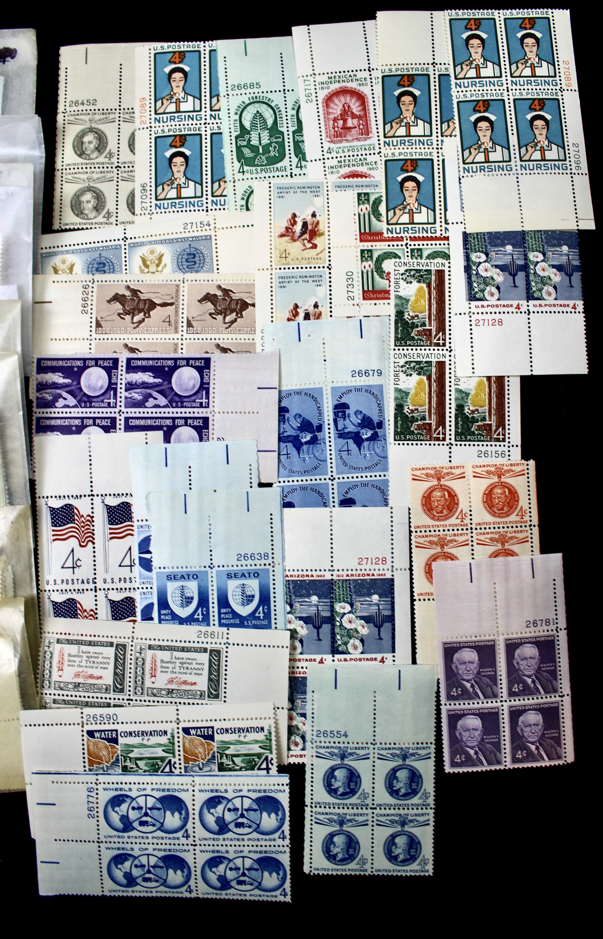 1000 U.S. Postage Stamp Plate Blocks, 1940s to 1960s
