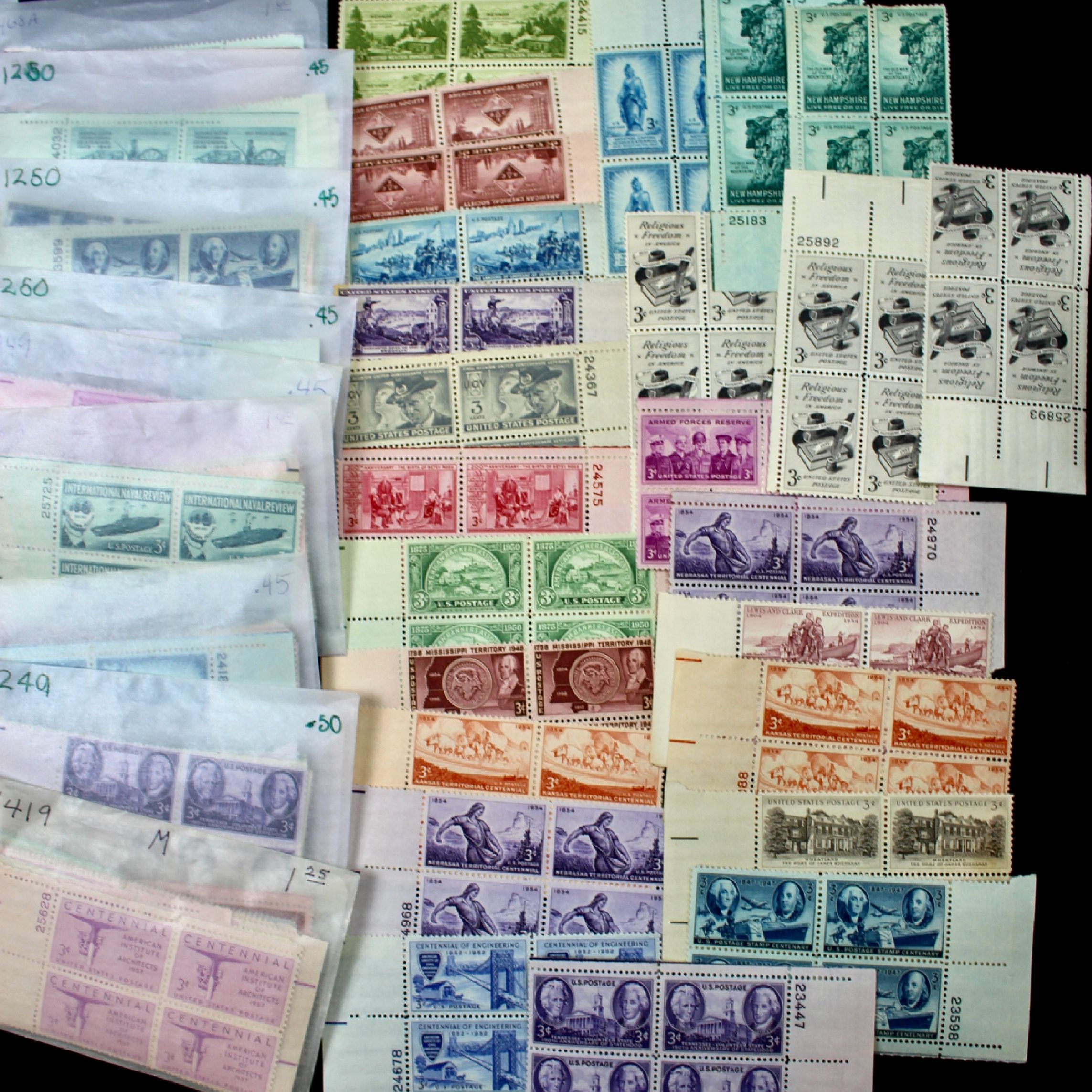 1000 U.S. Postage Stamp Plate Blocks, 1940s to 1960s