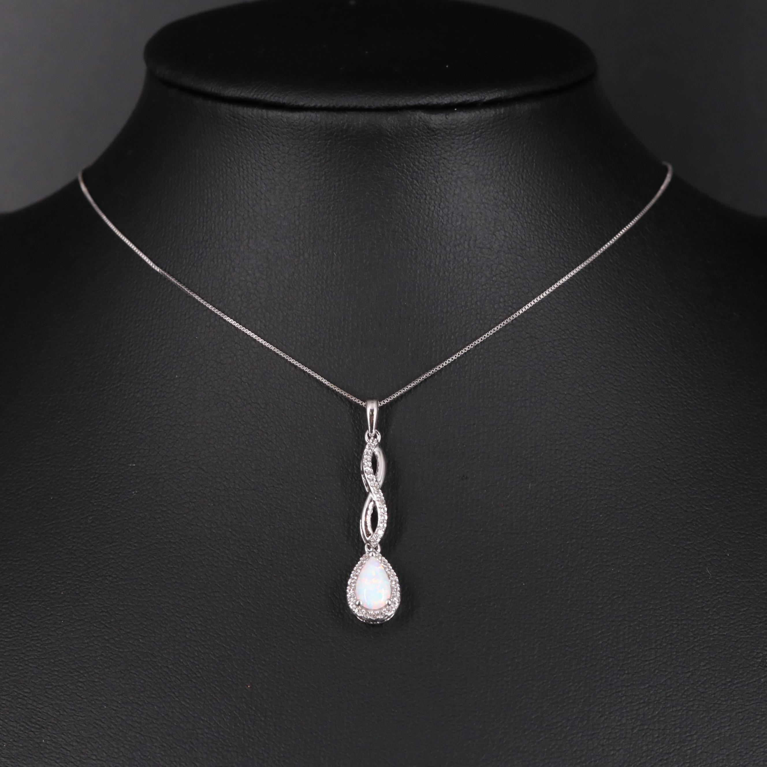 Sterling Silver Opal and White Sapphire Pendant Necklace