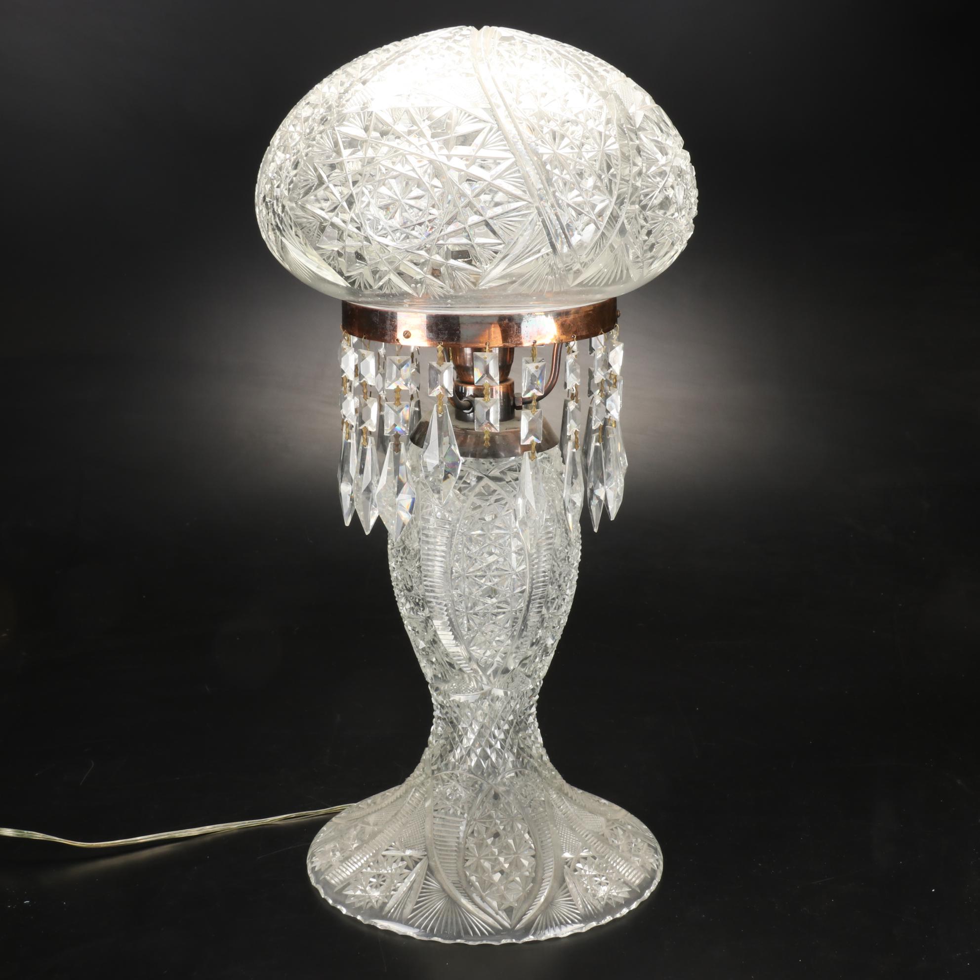 American Brilliant Style Cut Glass Mushroom Lamp with Prisms, Early/ Mid-20th C