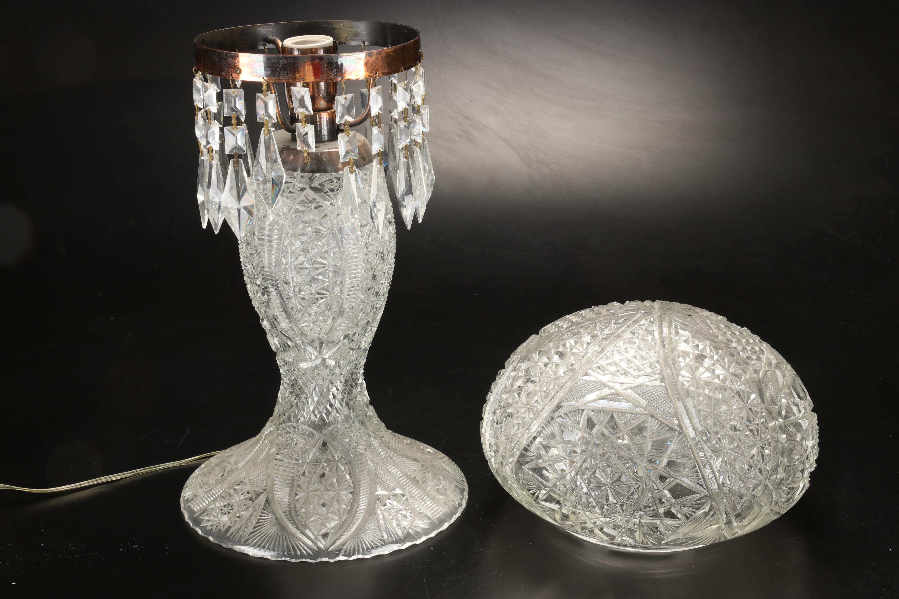 American Brilliant Style Cut Glass Mushroom Lamp with Prisms, Early/ Mid-20th C