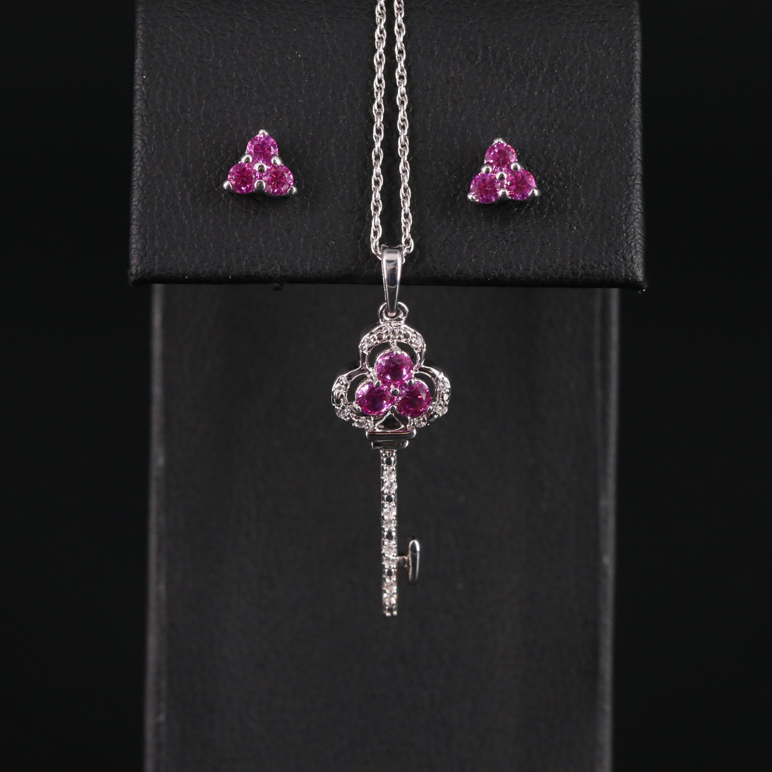 Sterling Silver Ruby and Cubic Zirconia Key Pendant with Stud Earrings