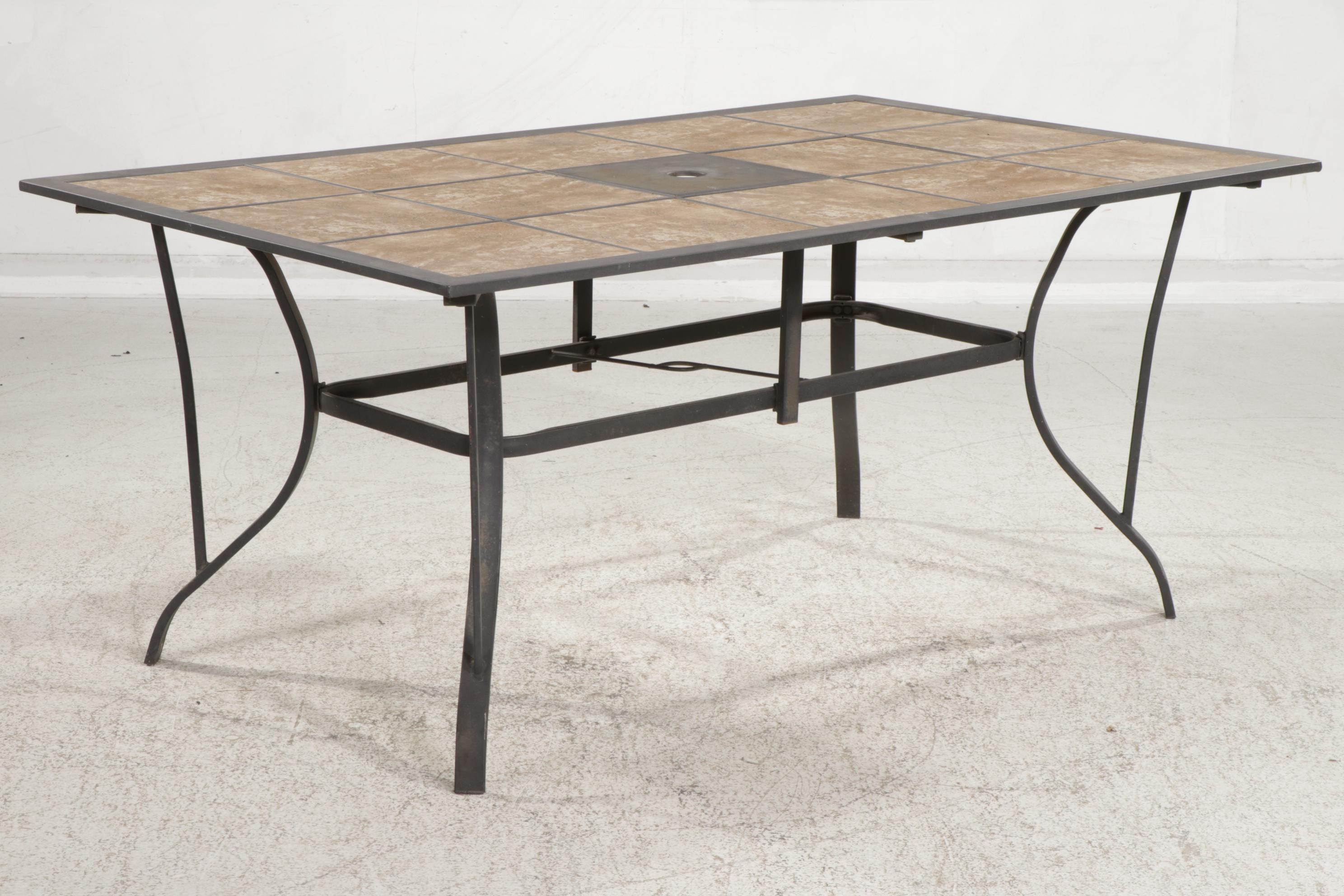 Metal and Tile Top Patio Dining Table with Six Pedestal Chairs