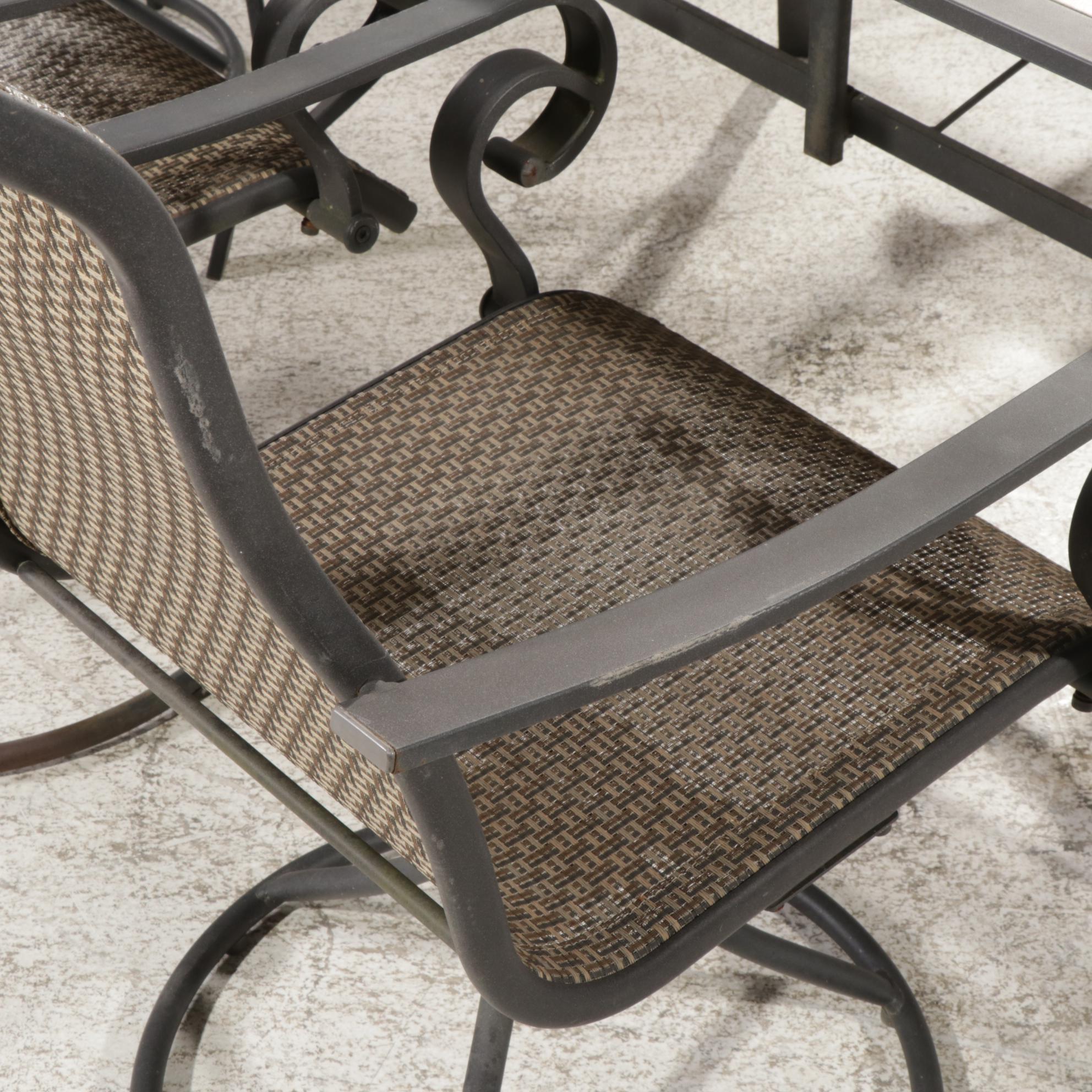 Metal and Tile Top Patio Dining Table with Six Pedestal Chairs