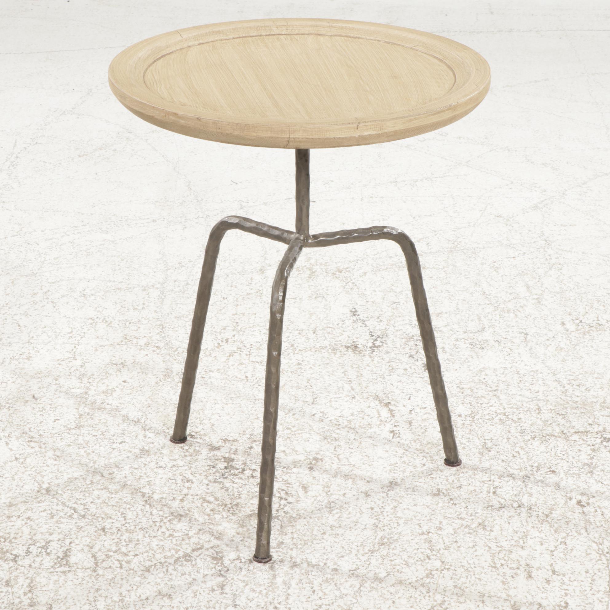 Contemporary Hammered Iron Tripod Base and Wood Top Drinks Table