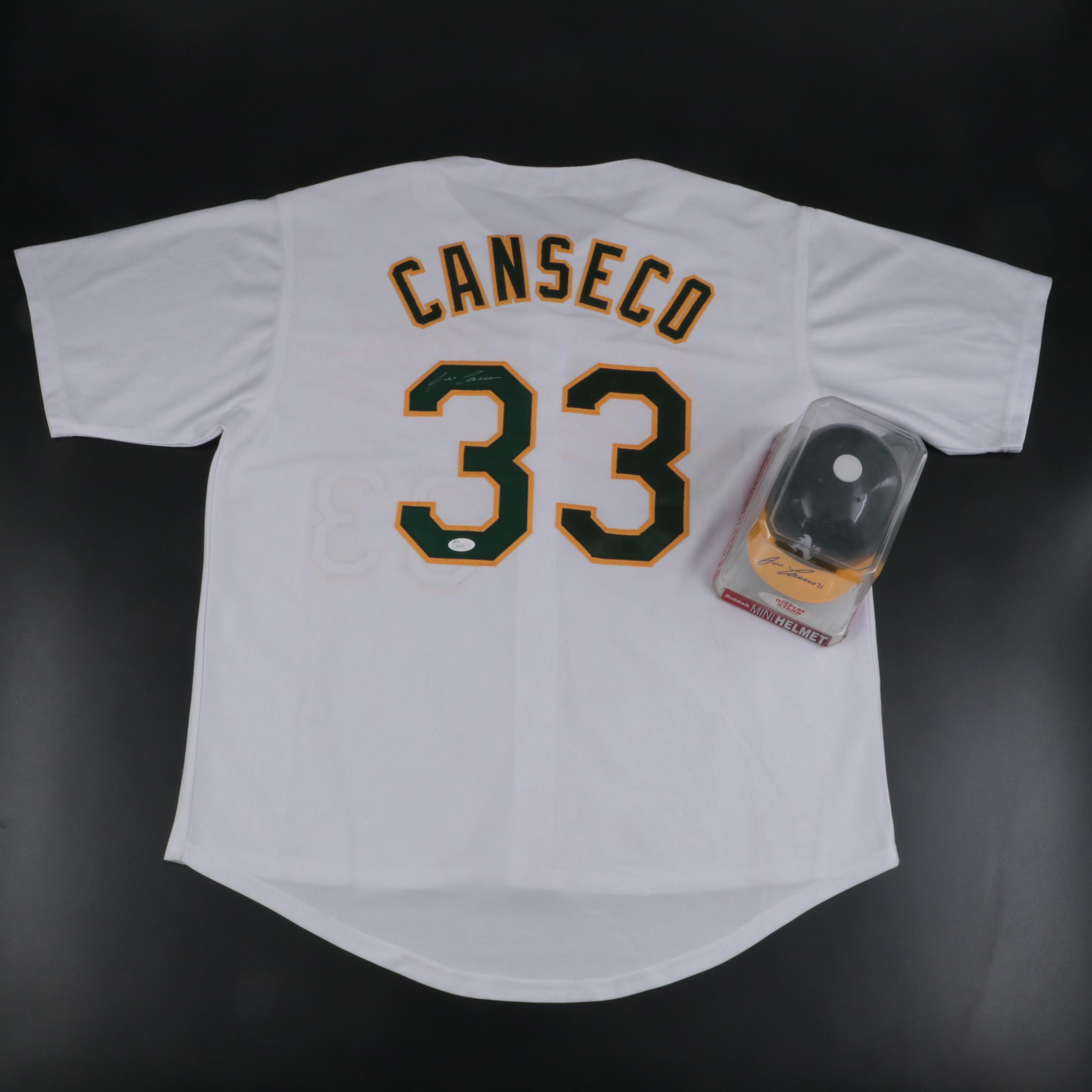Oakland Athletics Jose Canseco Signed Baseball Jersey, Mini Riddell Helmet