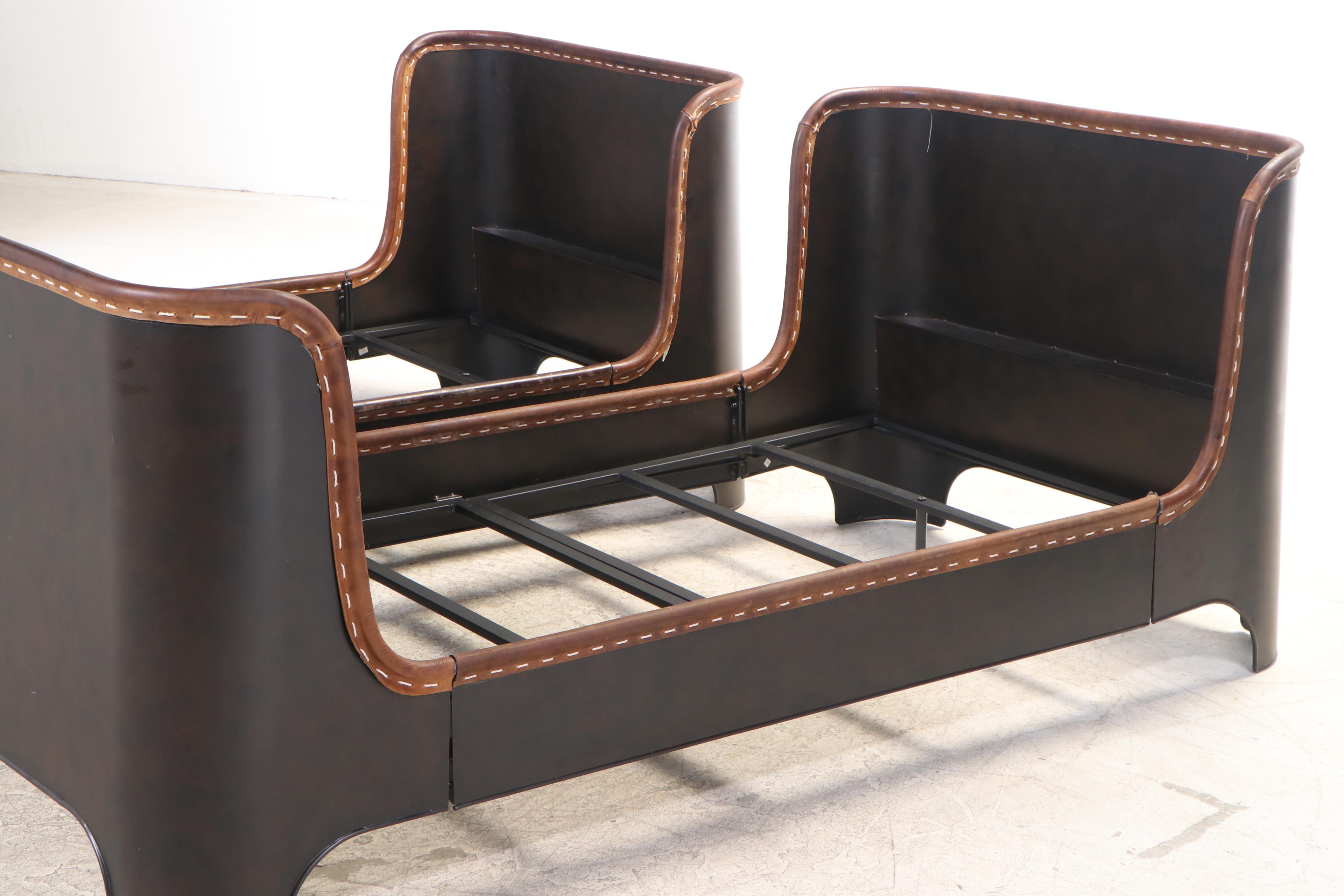 Pair of Restoration Hardware "Harlan" Metal Twin Sleigh Beds with Leather Trim