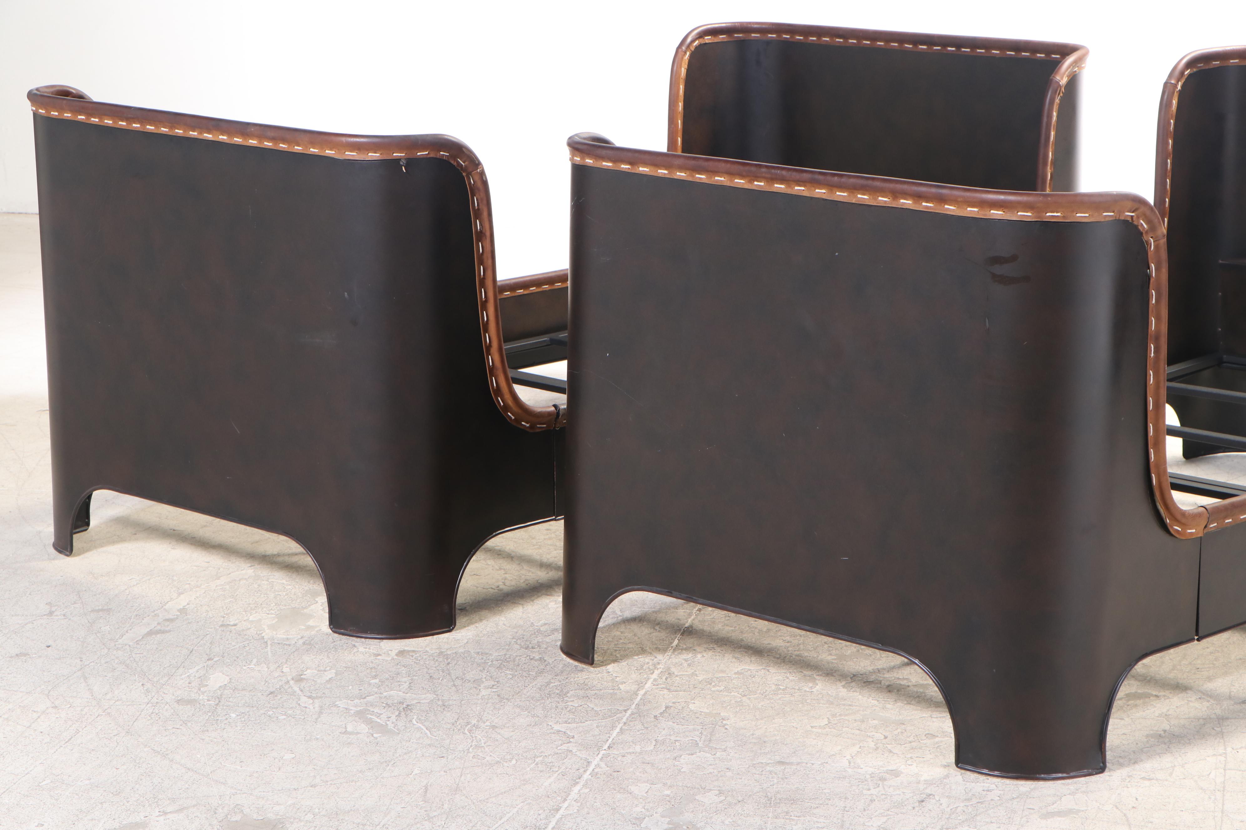 Pair of Restoration Hardware "Harlan" Metal Twin Sleigh Beds with Leather Trim