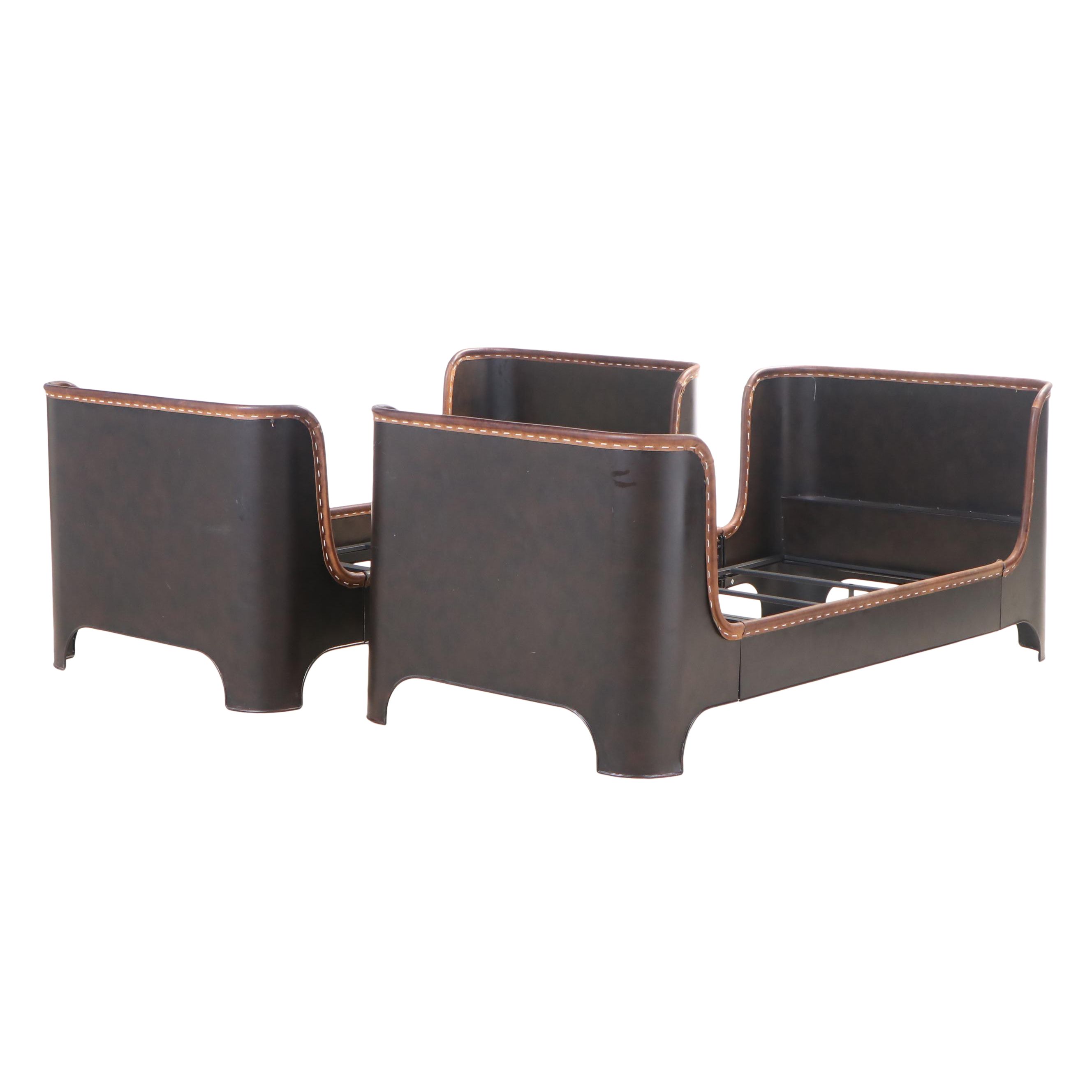 Pair of Restoration Hardware "Harlan" Metal Twin Sleigh Beds with Leather Trim