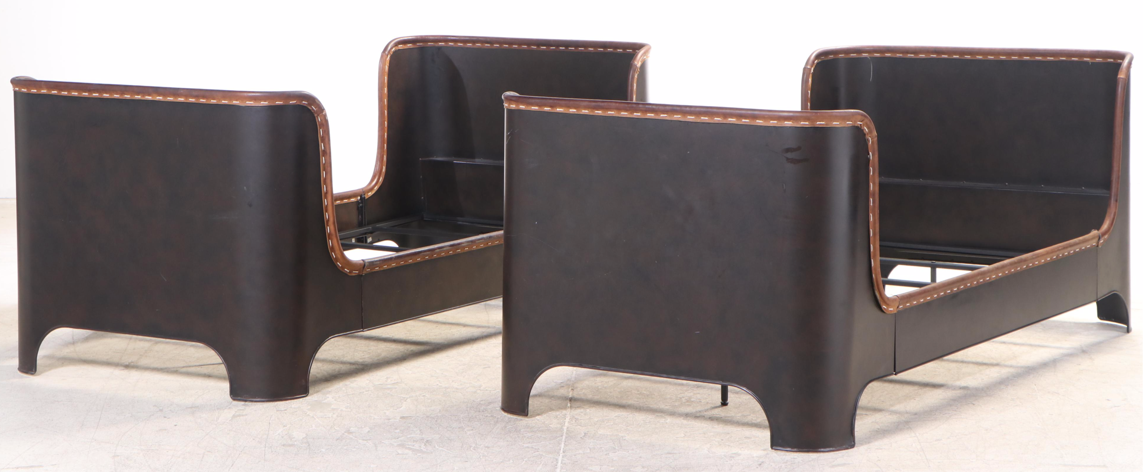 Pair of Restoration Hardware "Harlan" Metal Twin Sleigh Beds with Leather Trim
