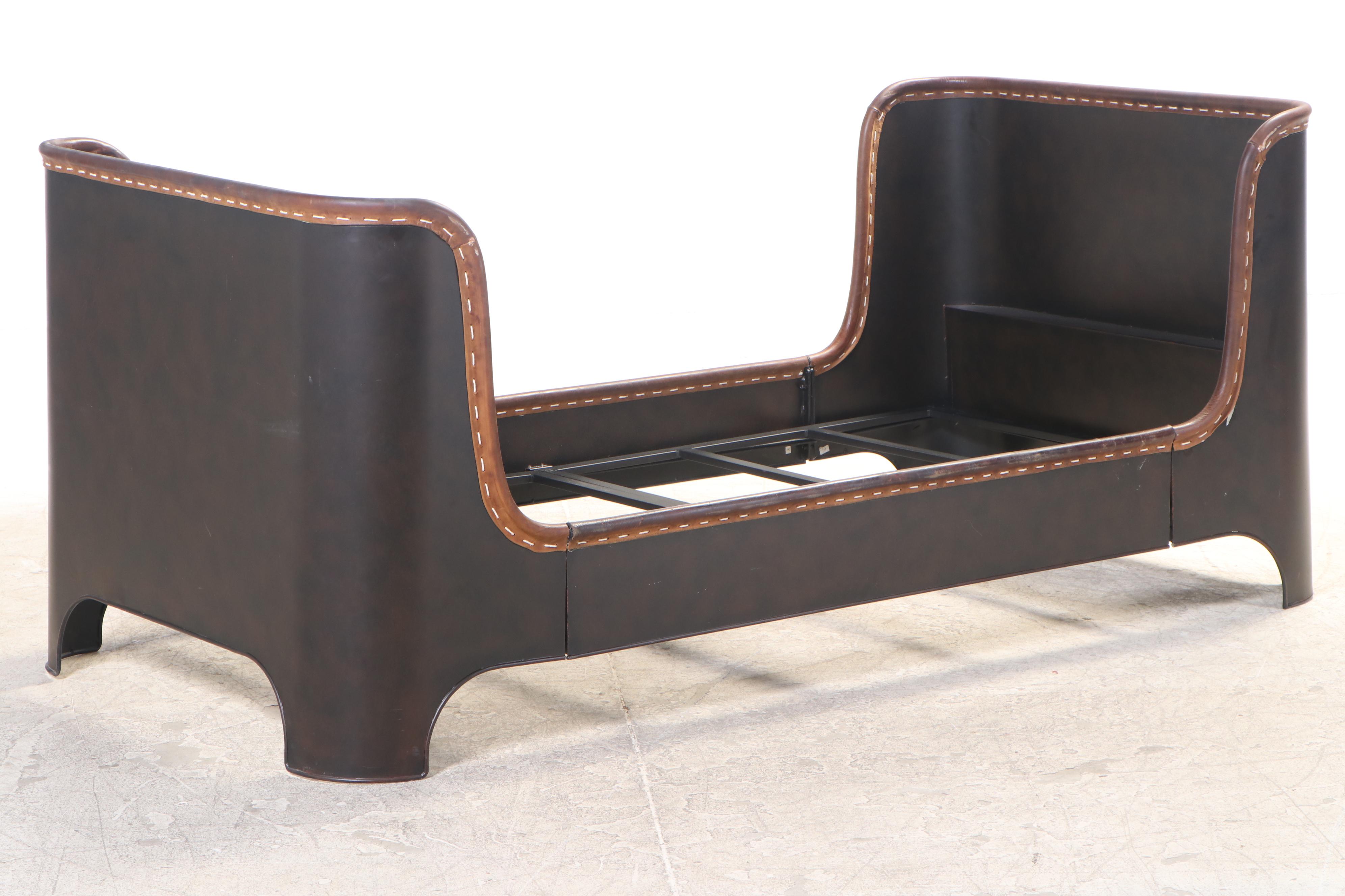 Pair of Restoration Hardware "Harlan" Metal Twin Sleigh Beds with Leather Trim