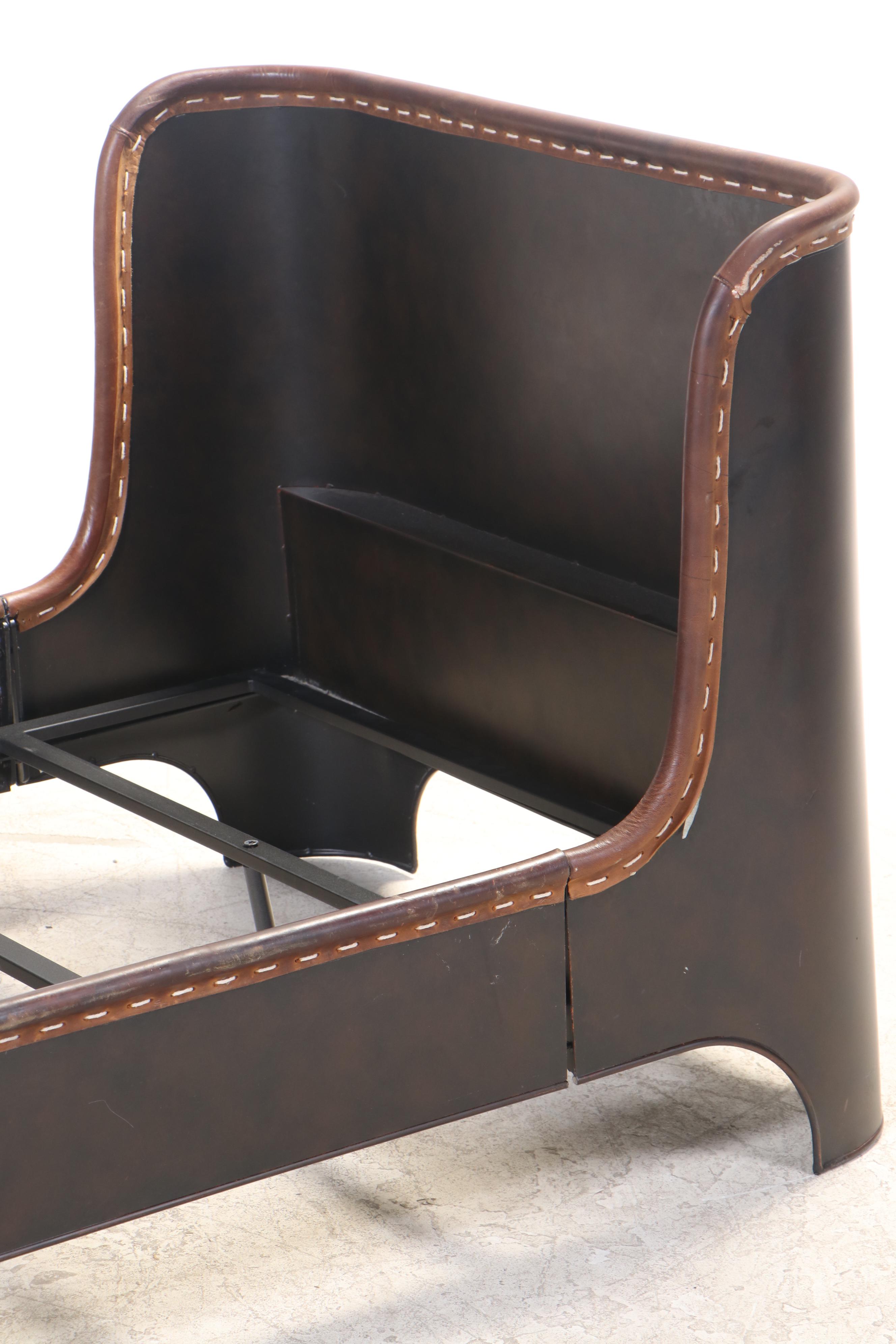 Pair of Restoration Hardware "Harlan" Metal Twin Sleigh Beds with Leather Trim