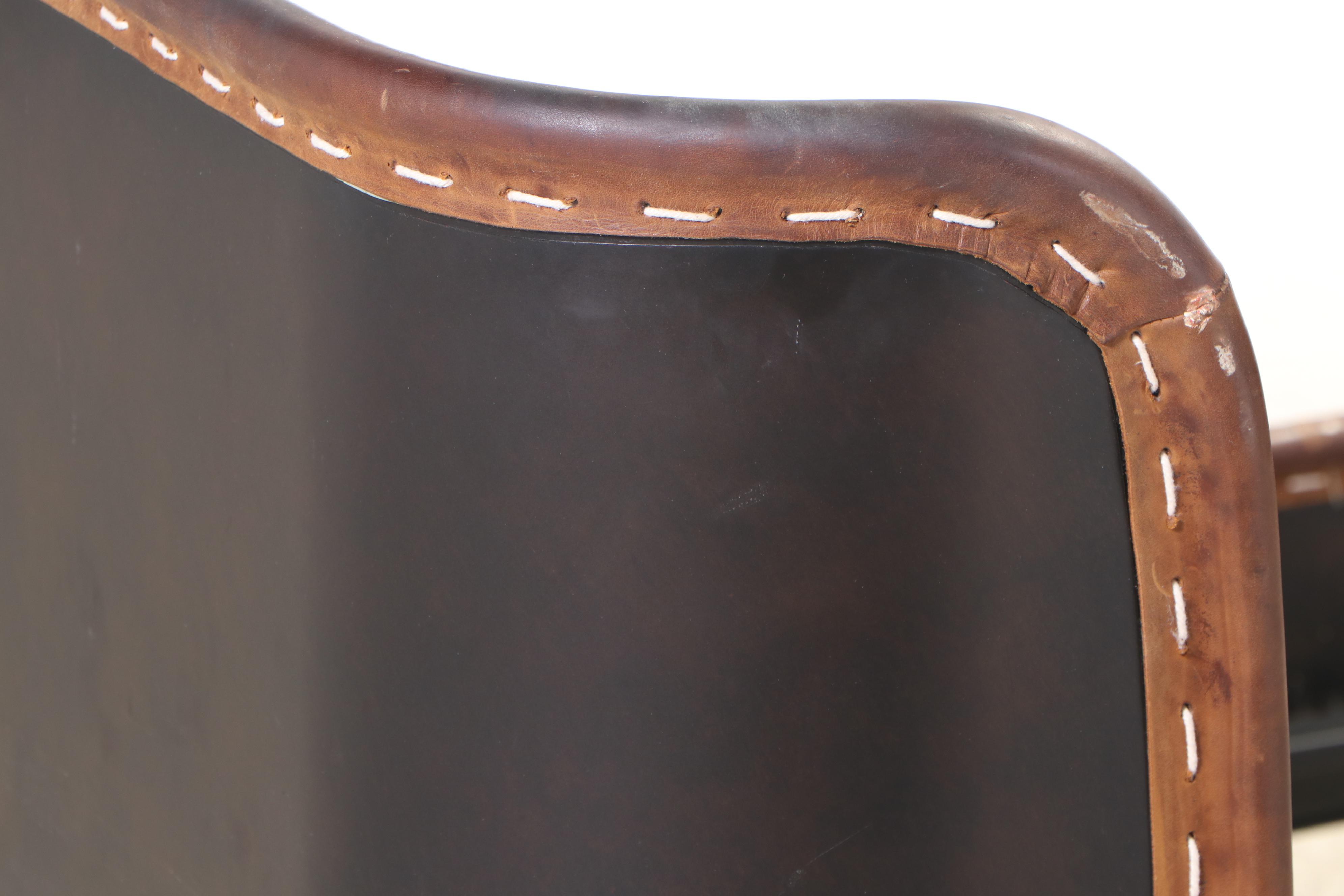 Pair of Restoration Hardware "Harlan" Metal Twin Sleigh Beds with Leather Trim