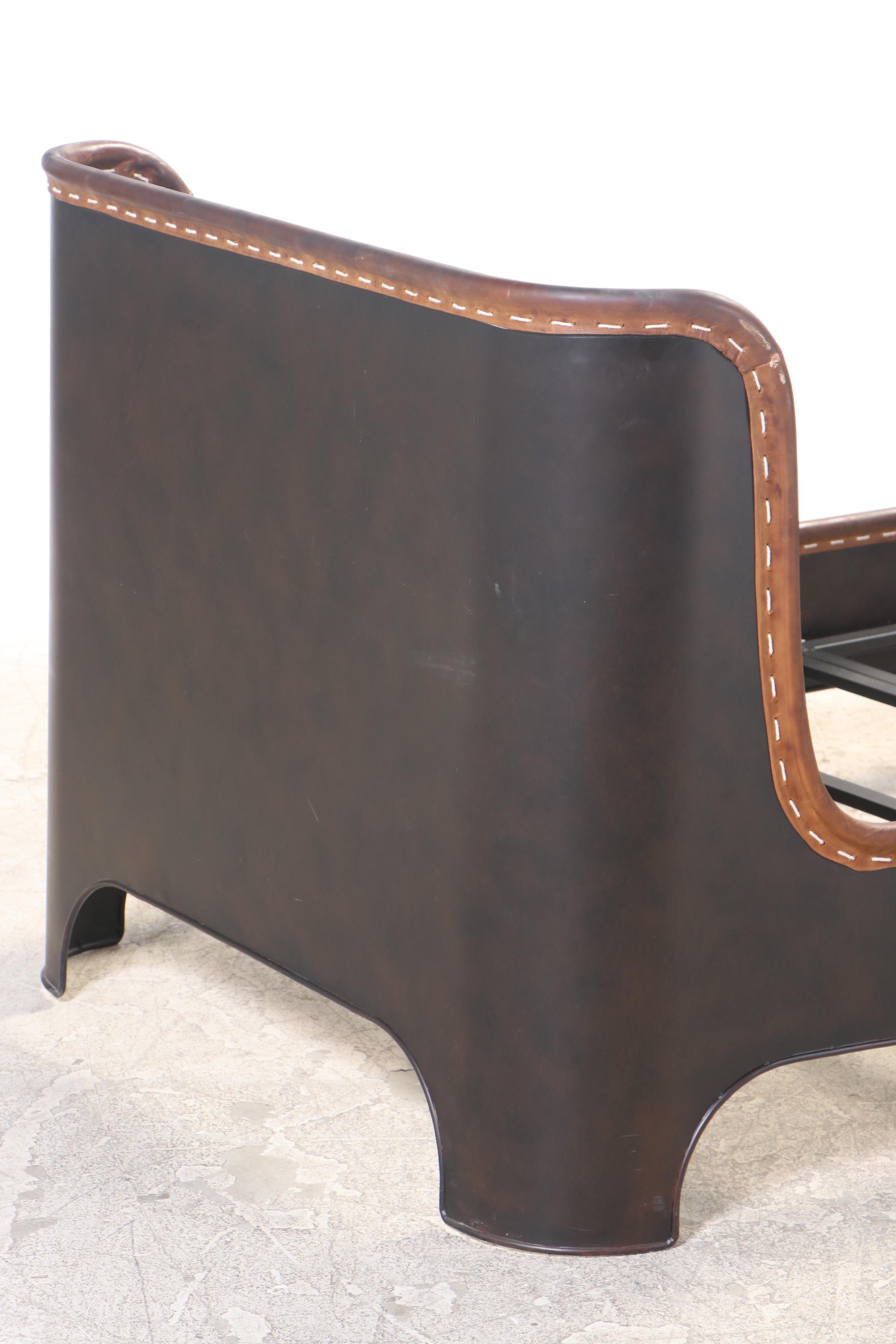 Pair of Restoration Hardware "Harlan" Metal Twin Sleigh Beds with Leather Trim