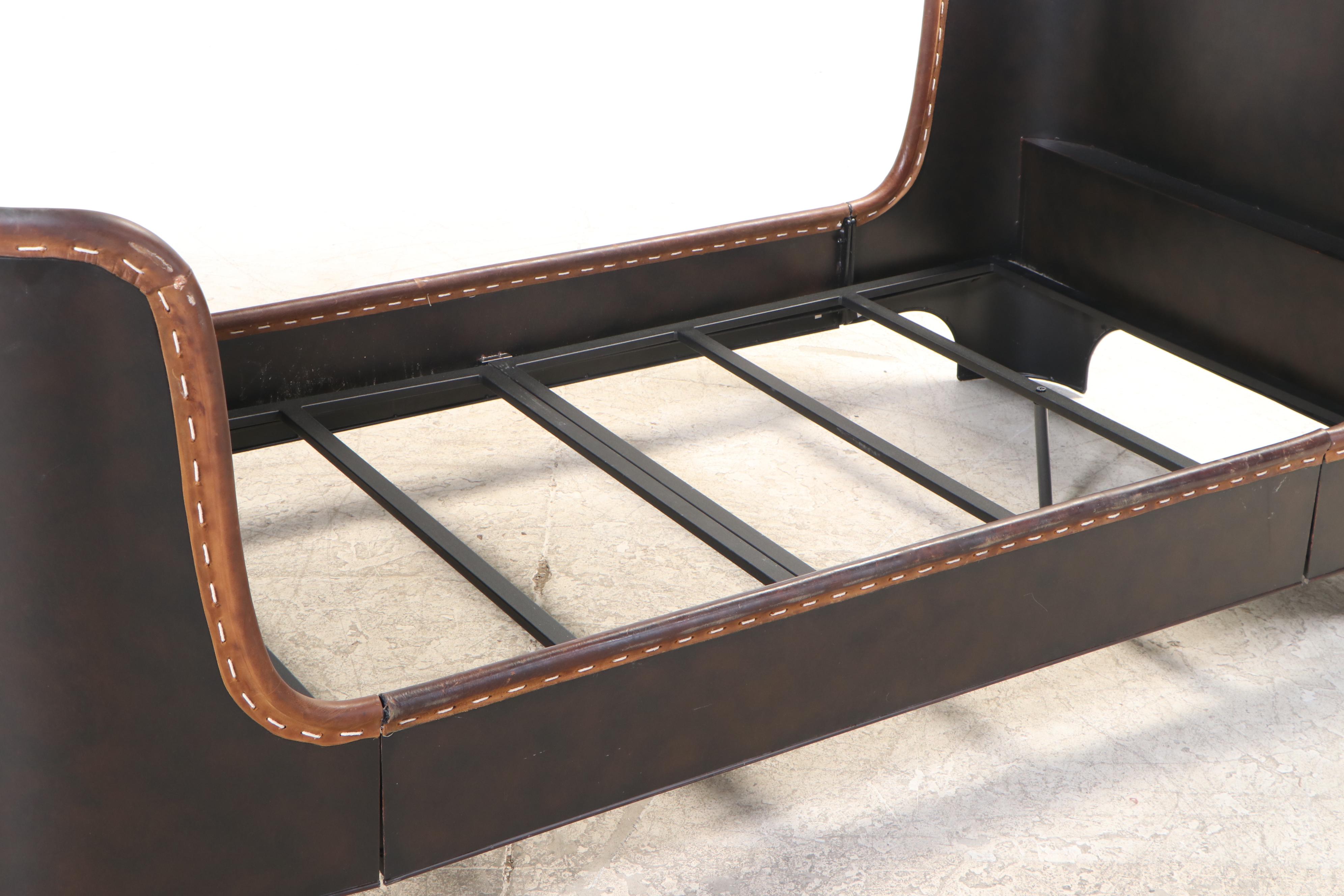 Pair of Restoration Hardware "Harlan" Metal Twin Sleigh Beds with Leather Trim