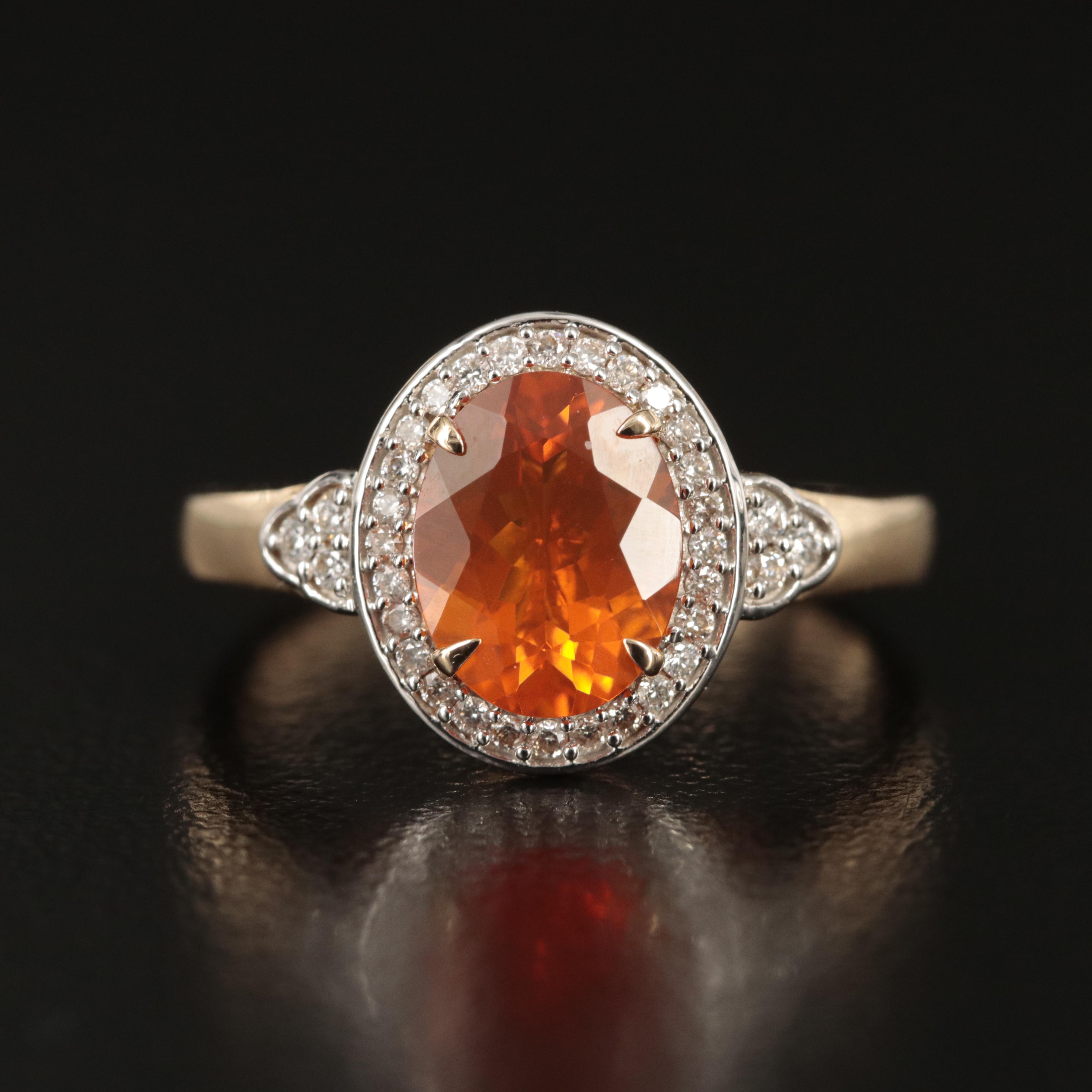 14K Fire Opal and Diamond Halo Ring