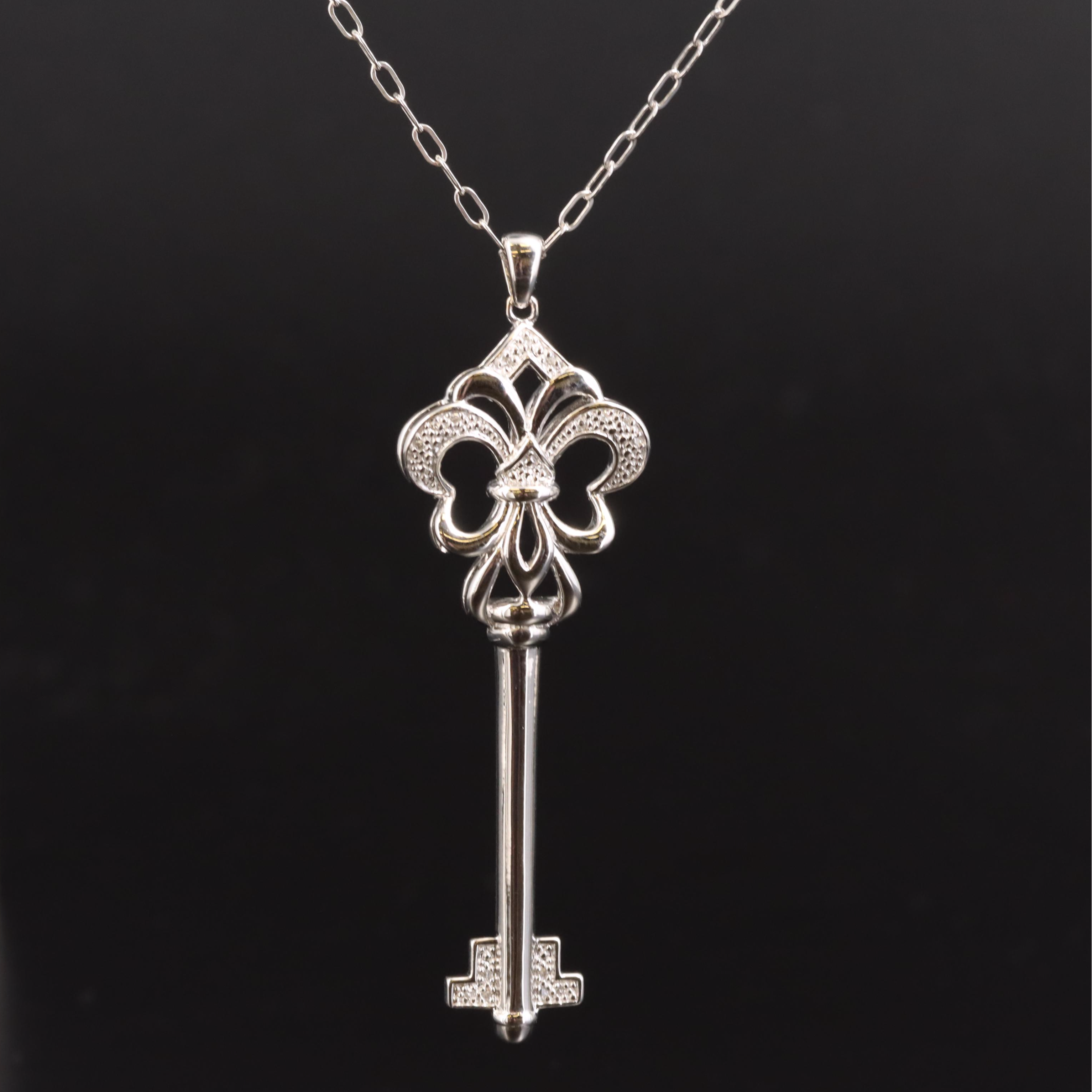Sterling Diamond Fleur-de-Lis Skeleton Key Pendant Necklace