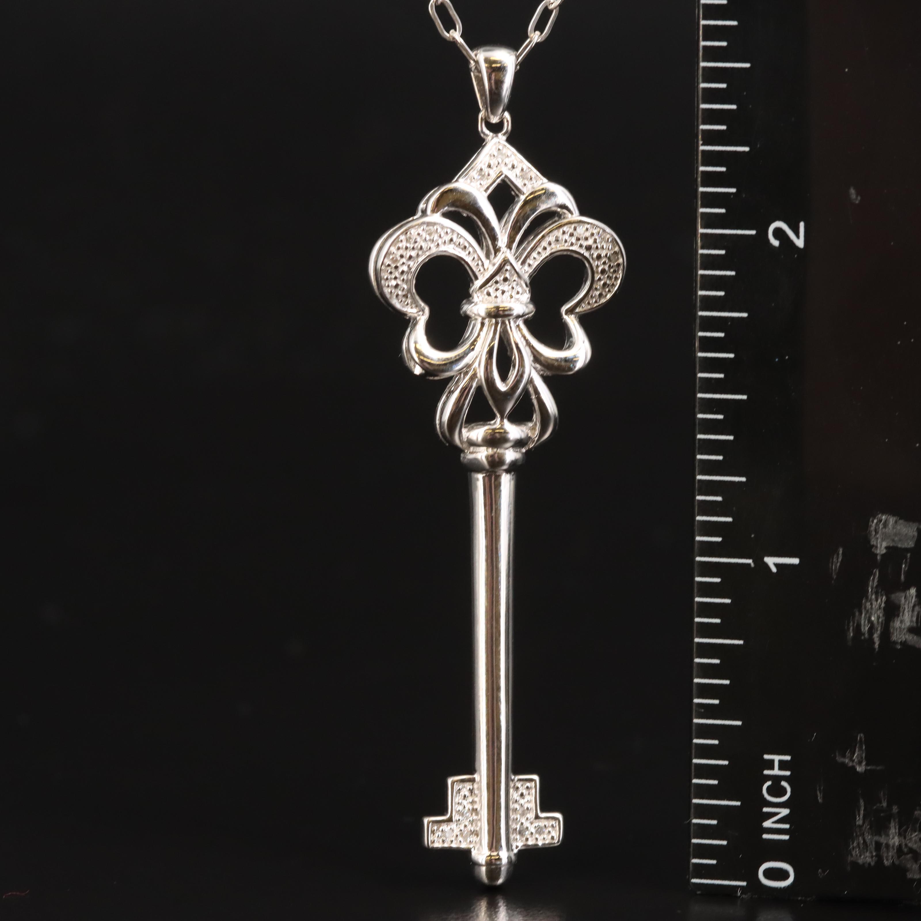Sterling Diamond Fleur-de-Lis Skeleton Key Pendant Necklace