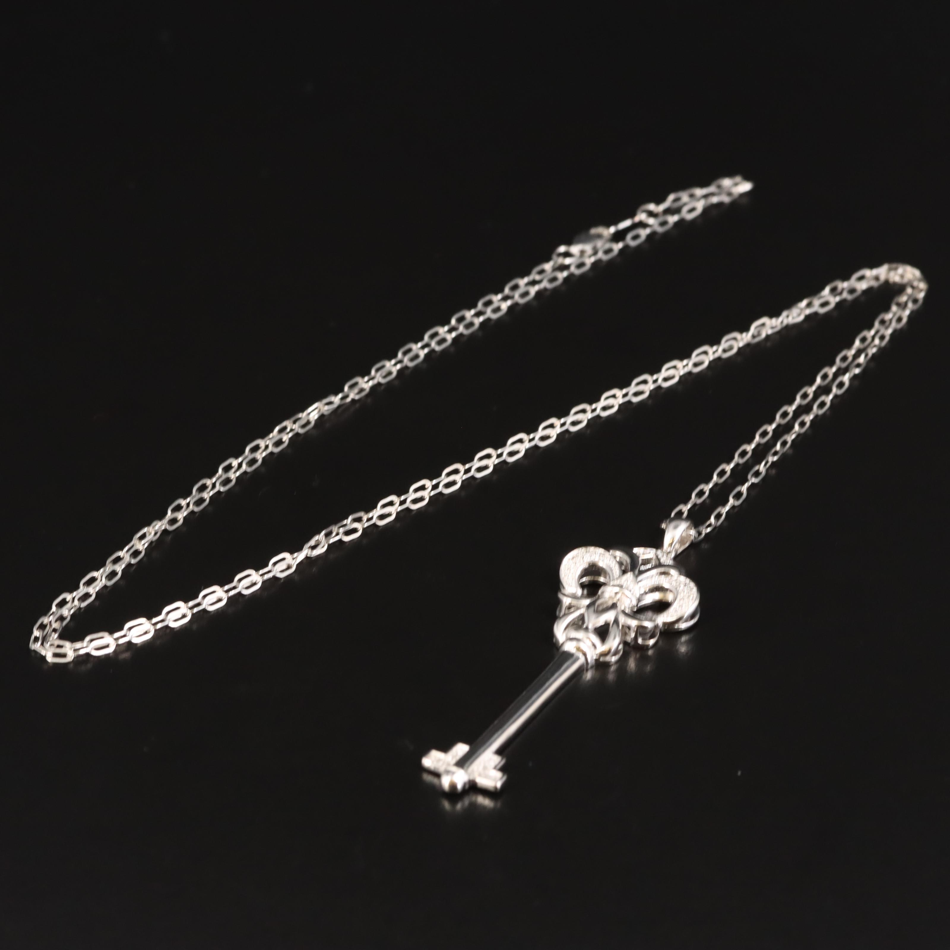 Sterling Diamond Fleur-de-Lis Skeleton Key Pendant Necklace