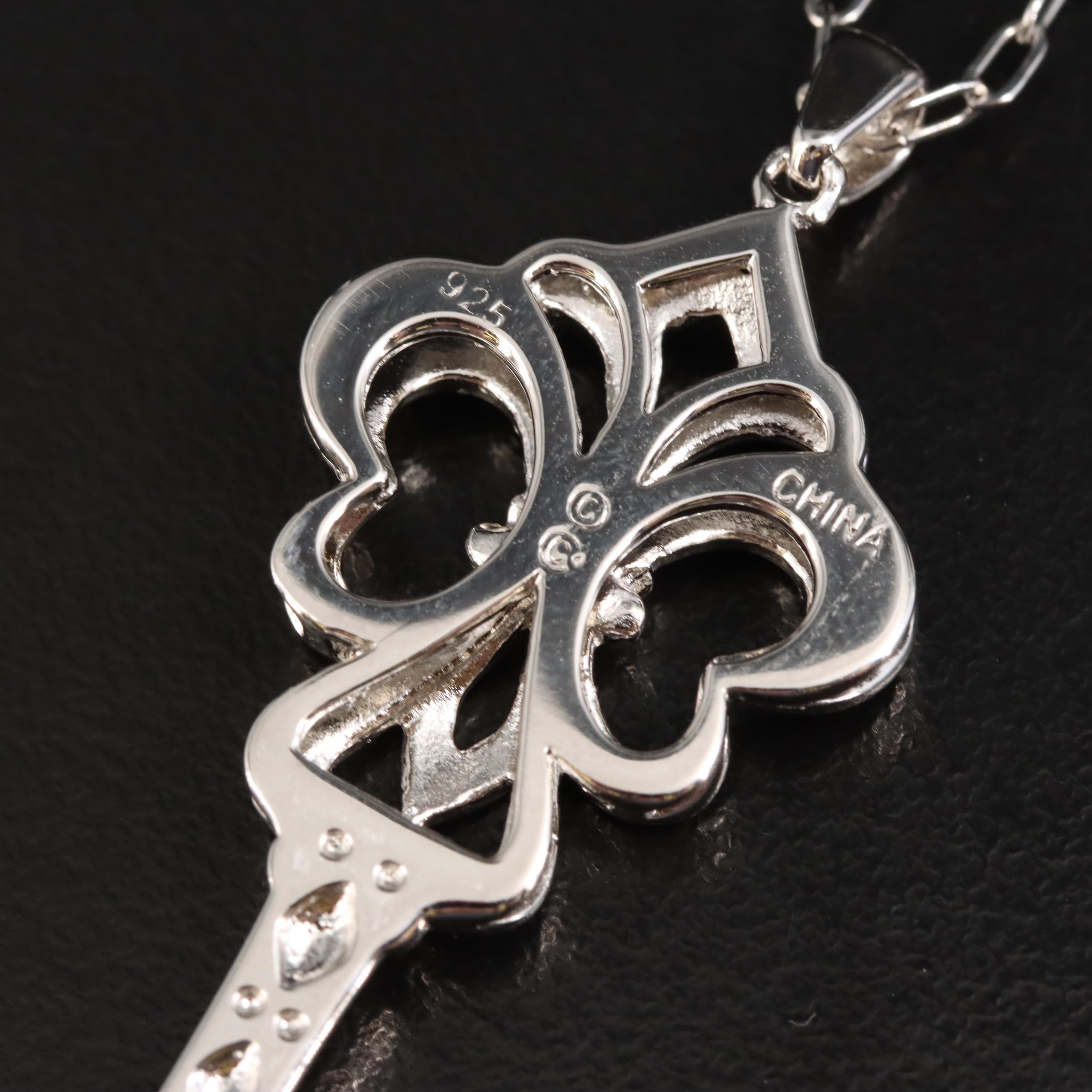 Sterling Diamond Fleur-de-Lis Skeleton Key Pendant Necklace