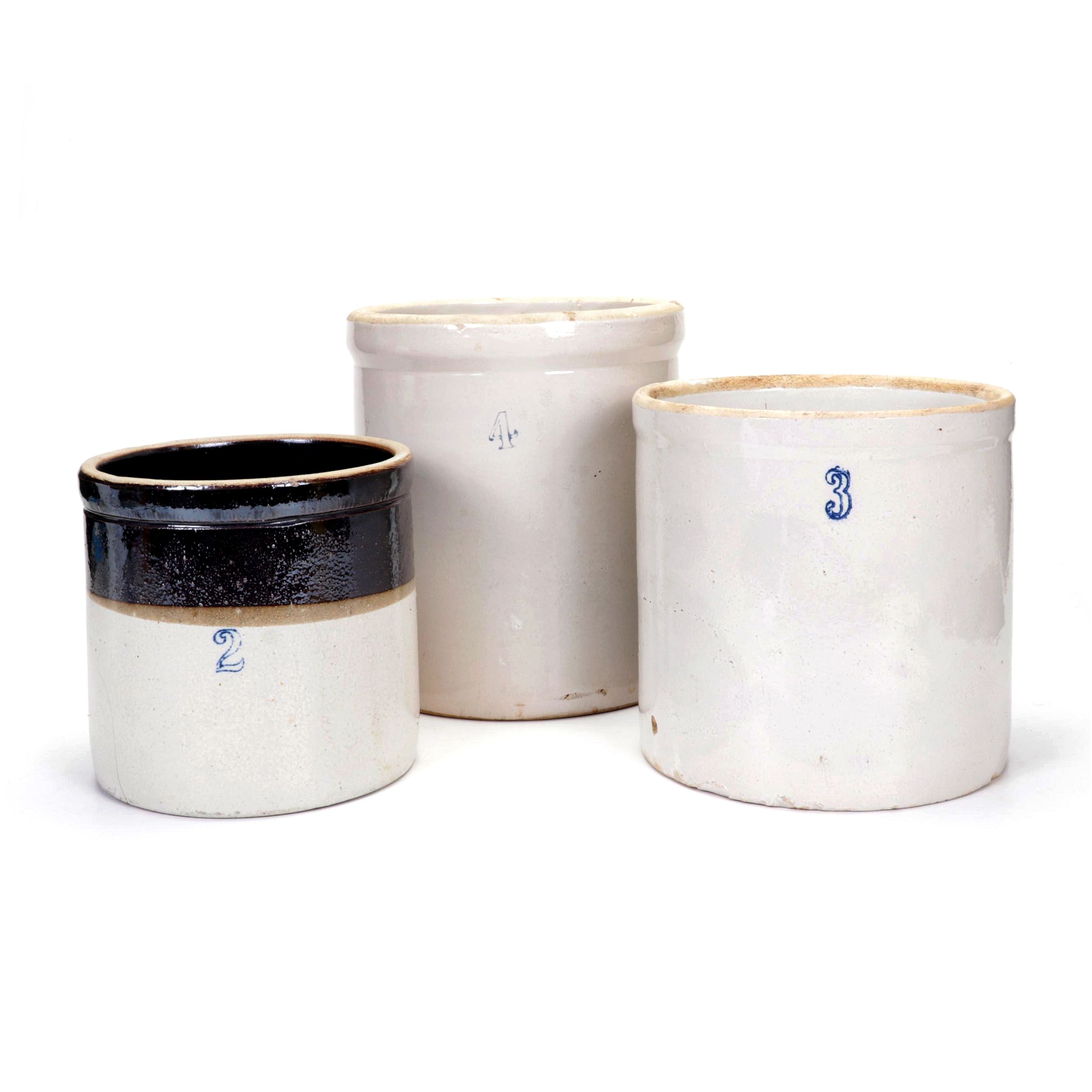 Two Tone 2 Gallon with Other 3 and 4 Gallon Stoneware Crocks, 20th Century