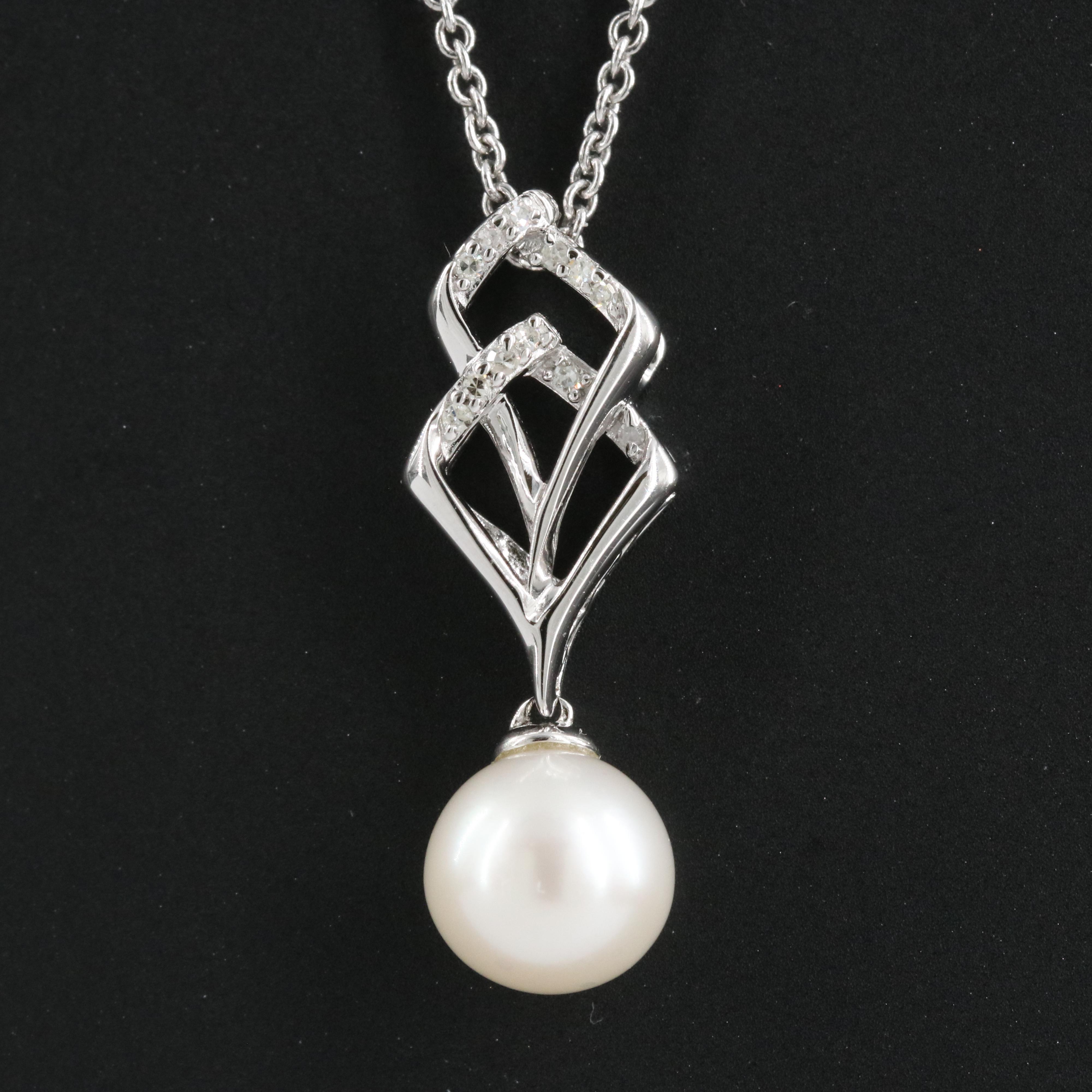 Sterling Pearl and Diamond Pendant Necklace