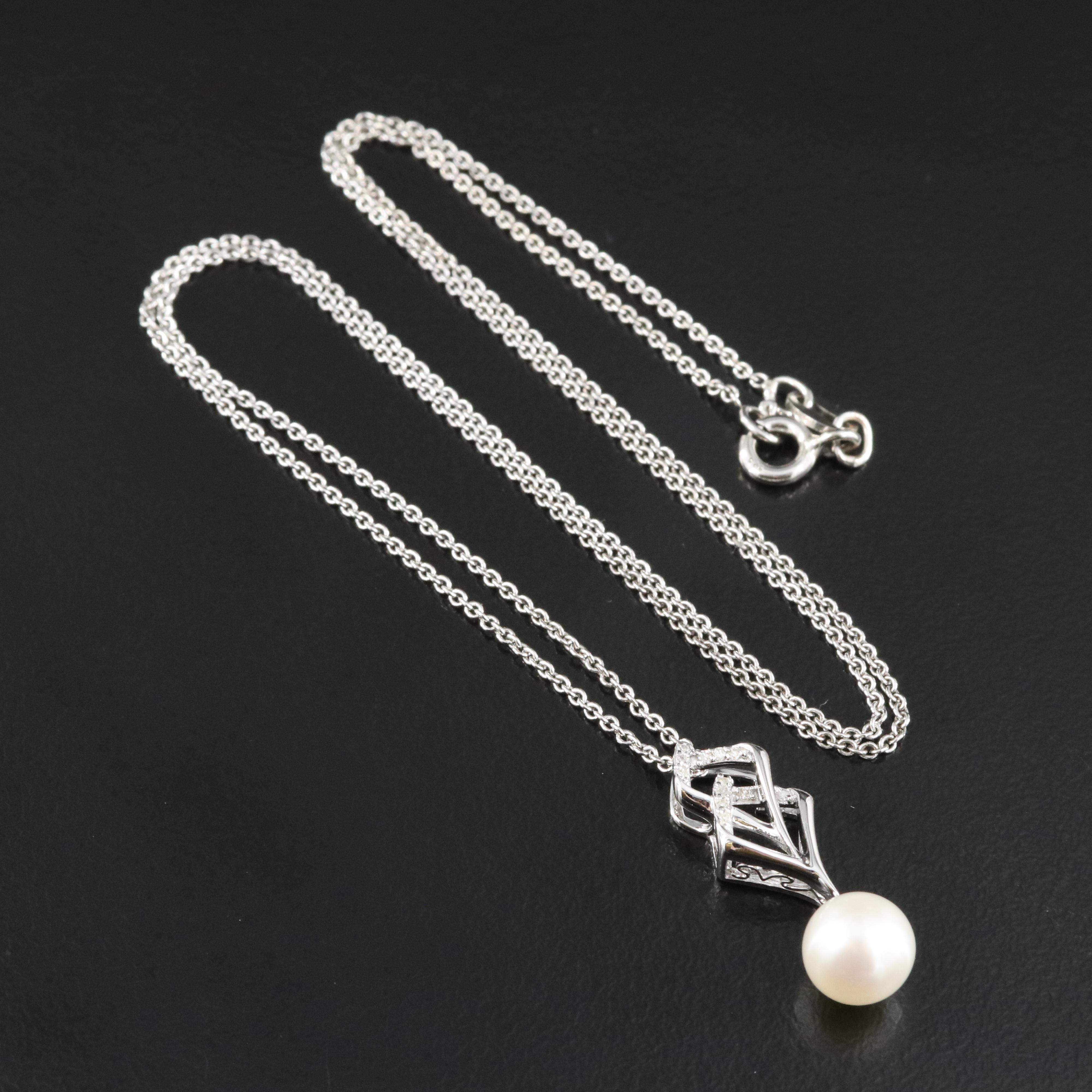 Sterling Pearl and Diamond Pendant Necklace