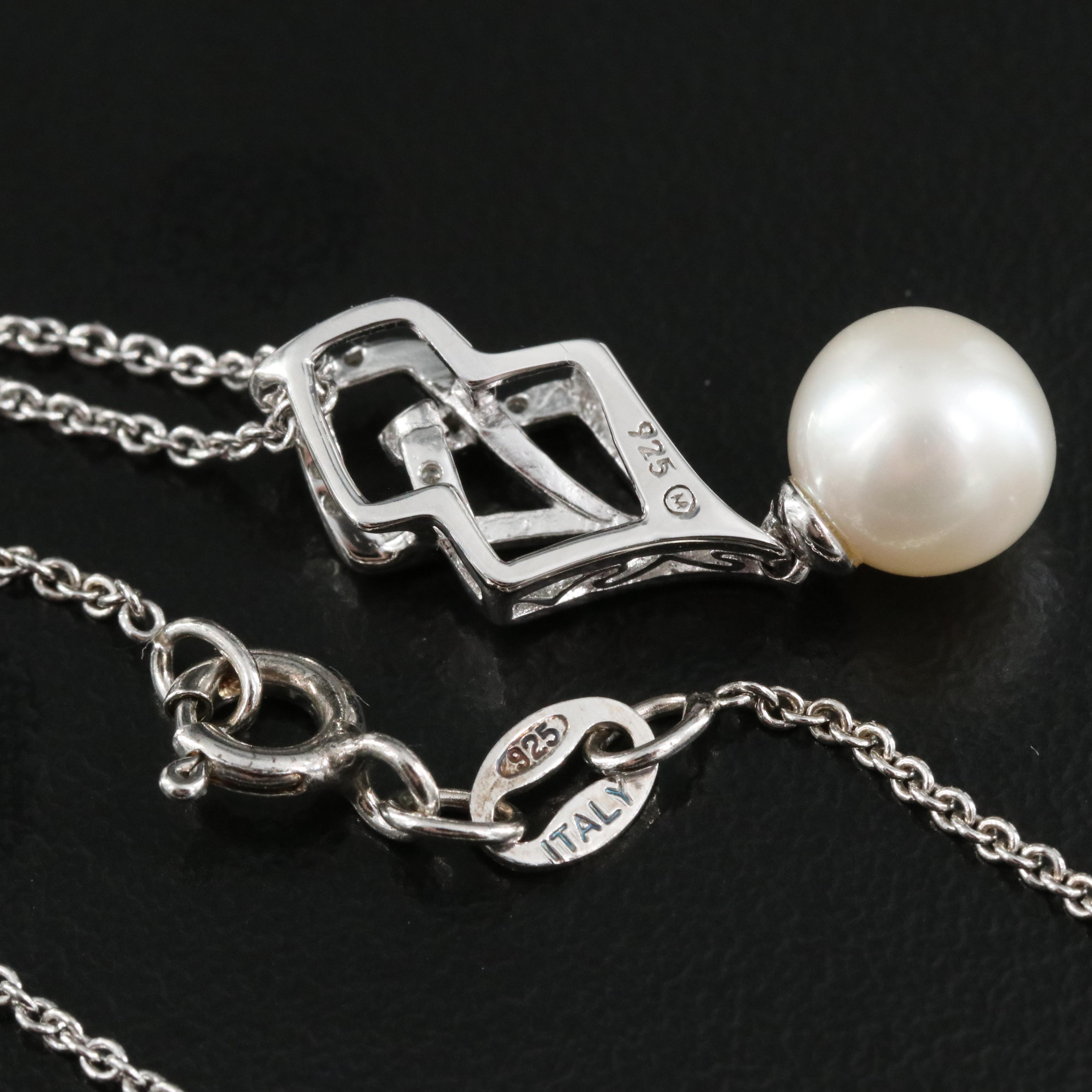Sterling Pearl and Diamond Pendant Necklace