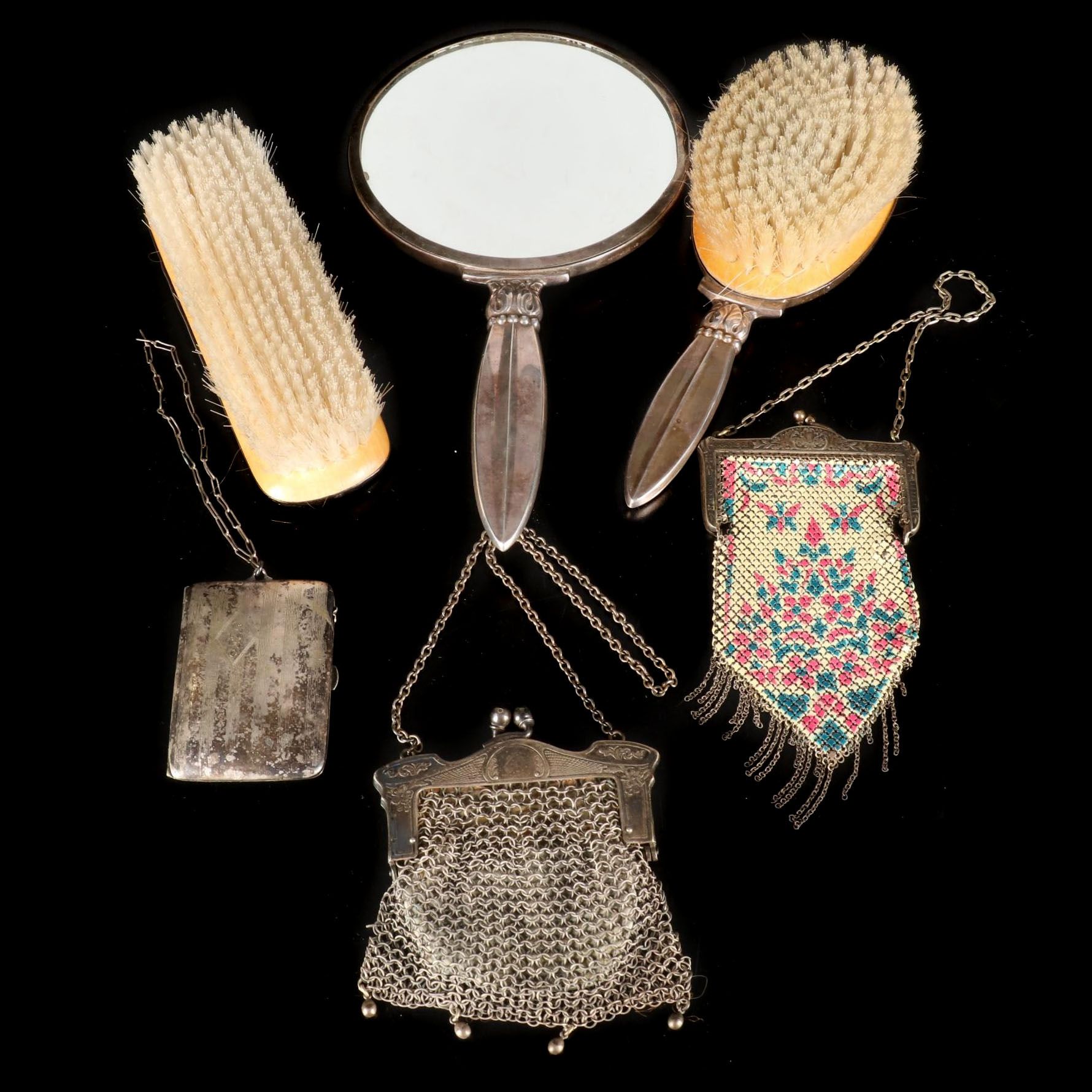 Silver Plate JThS Hand Mirror, Vanity Brush, Silver Chain Link Purse, & More