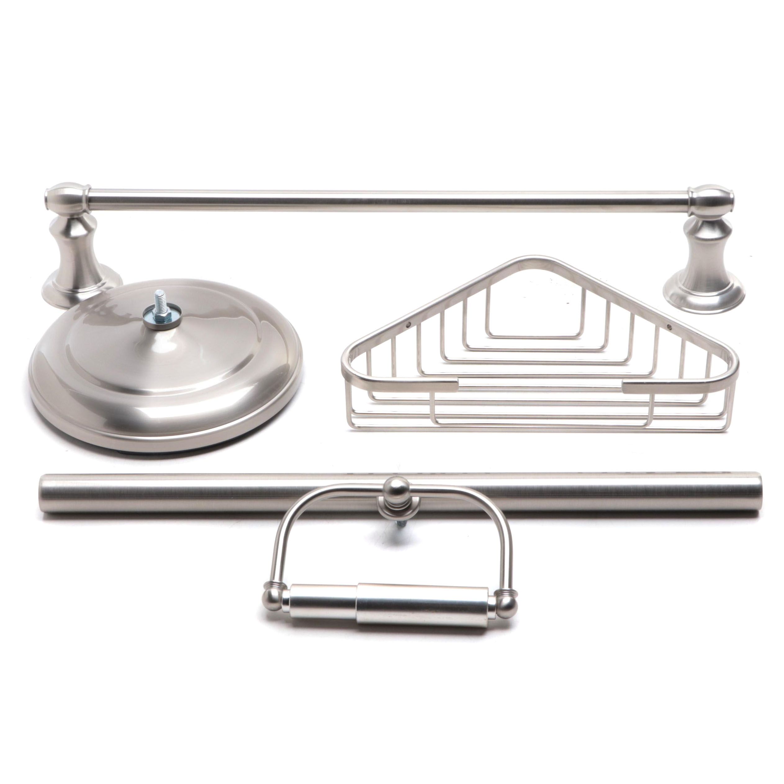 Brushed Nickel 18" Towel Bar, Standing Tissue Holder and Corner Shower Basket