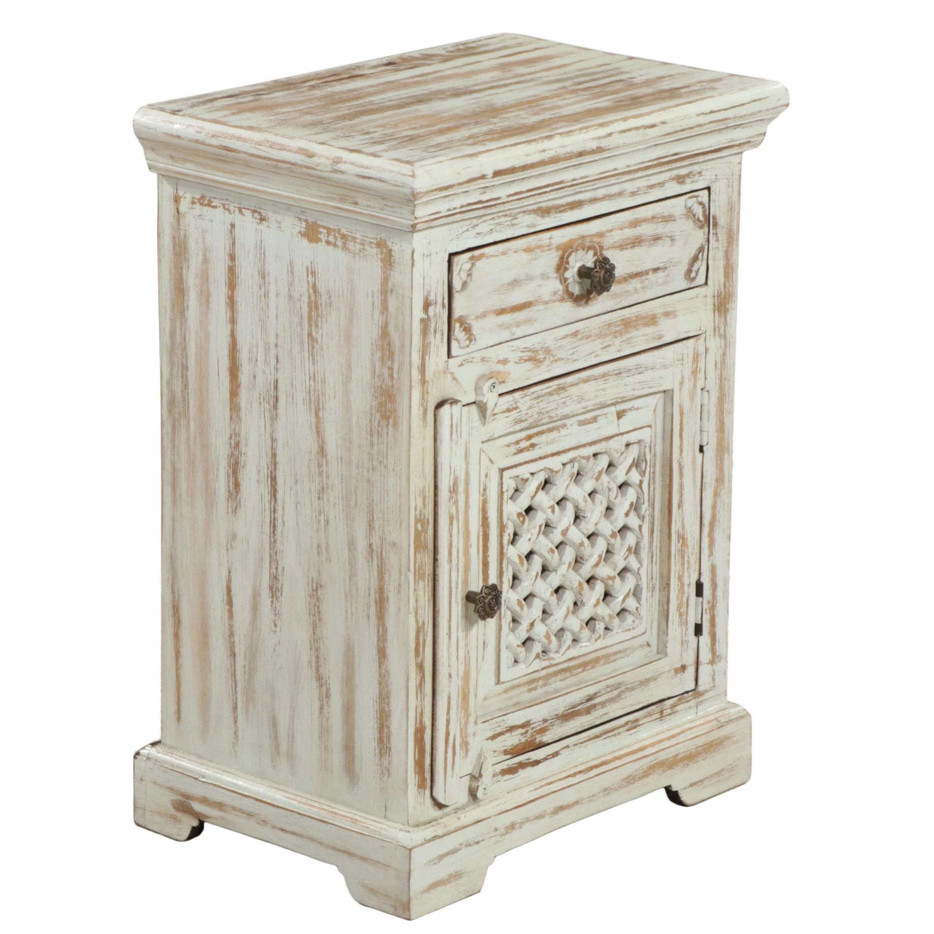 Contemporary Distressed Painted Wood Single-Drawer Side Cabinet